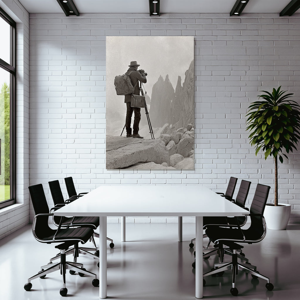 Bergfotograf Mit Rucksack Auf Felsplatte
