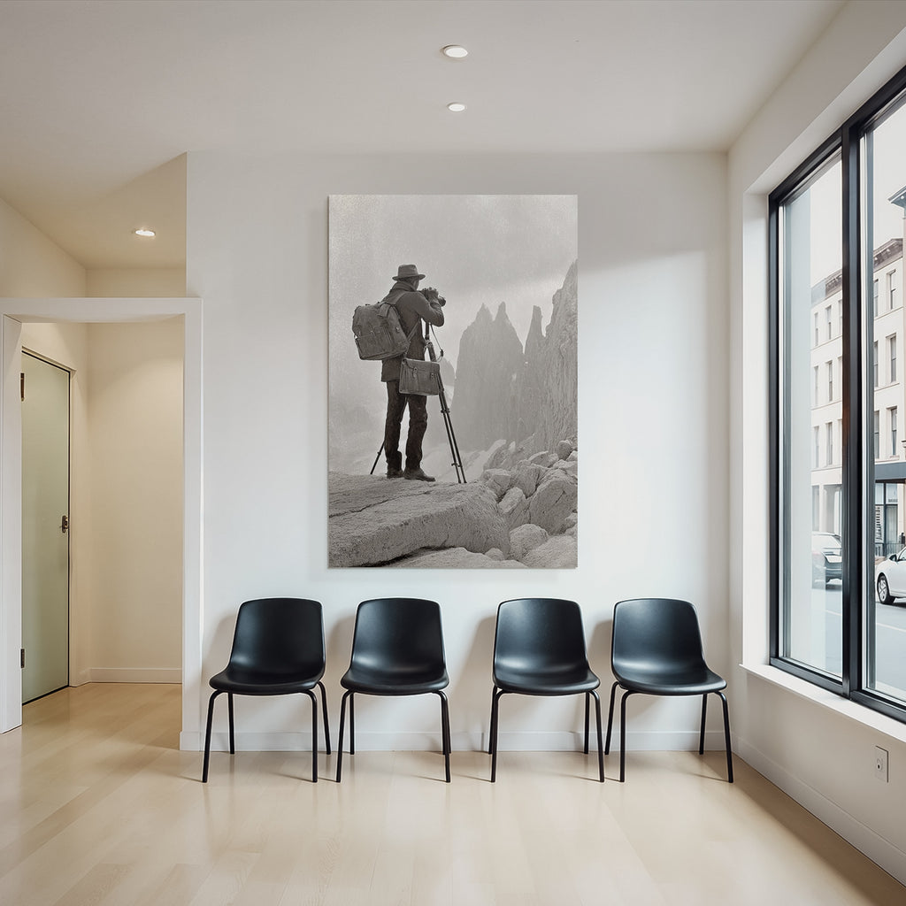 Bergfotograf Mit Rucksack Auf Felsplatte