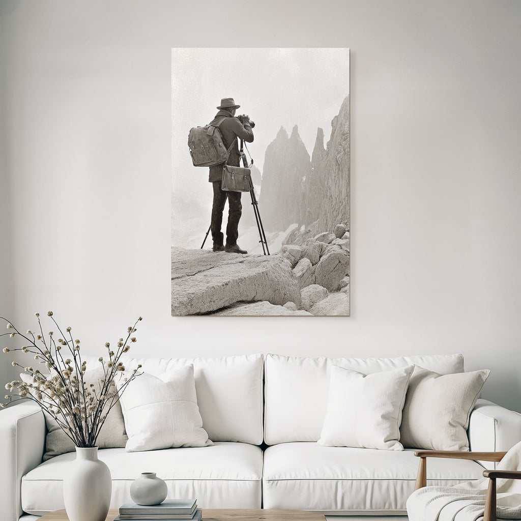 Bergfotograf Mit Rucksack Auf Felsplatte
