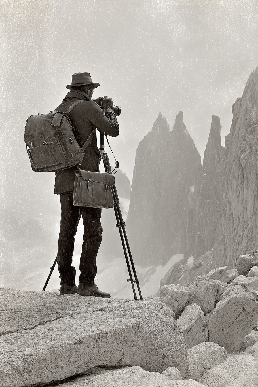 Bergfotograf Mit Rucksack Auf Felsplatte | Fotografie | Kunstgattungen
