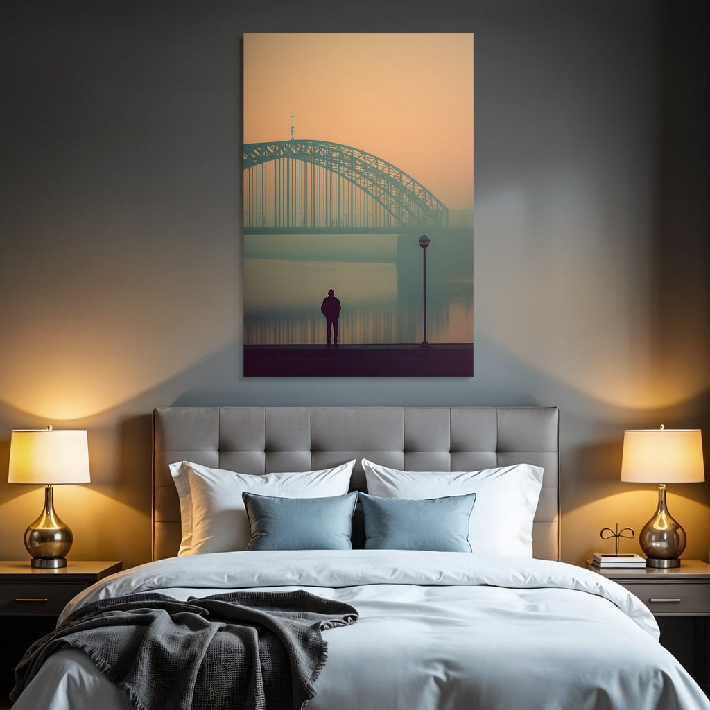 Bruecke Person Am Wasser Neblige Atmosphaere