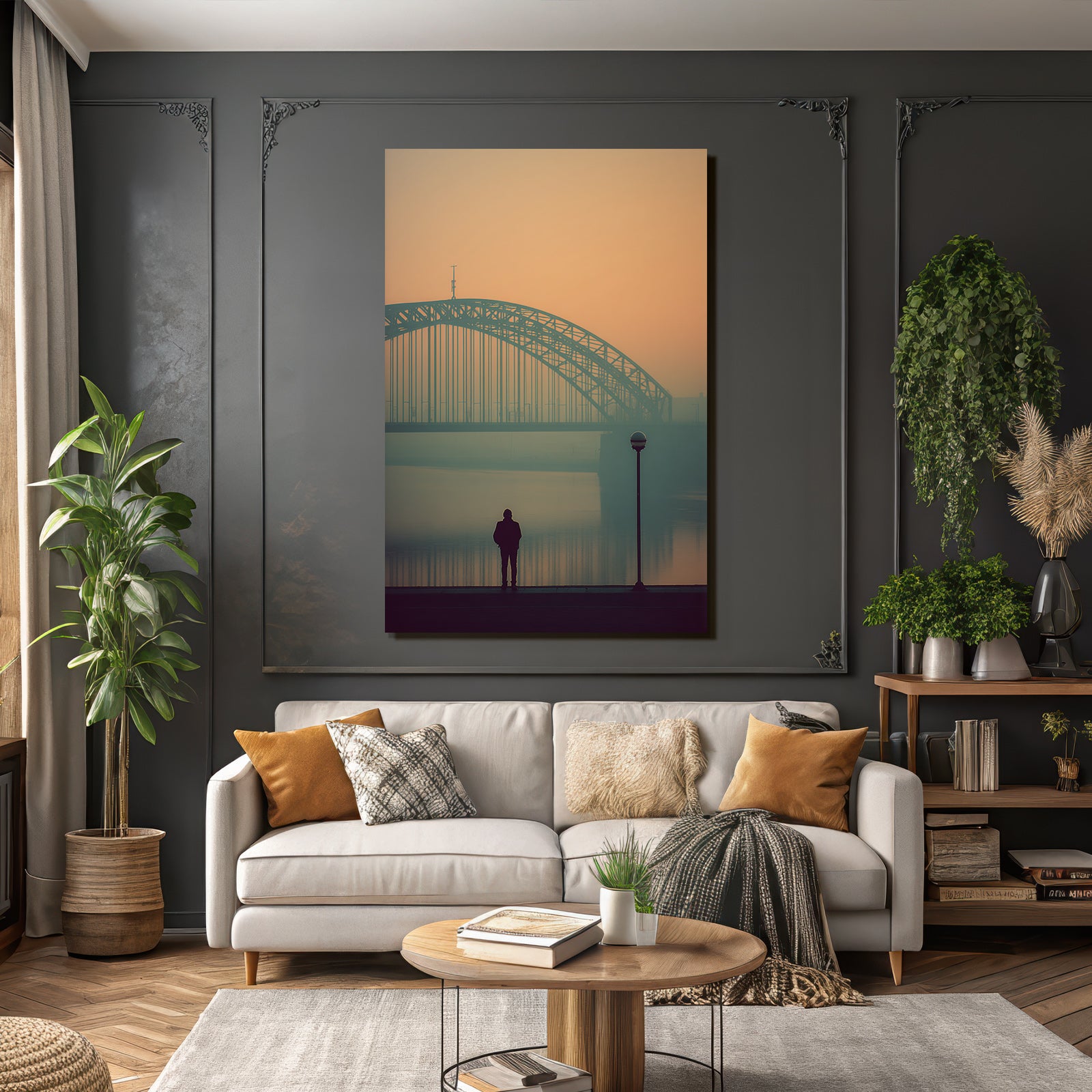 Bruecke Person Am Wasser Neblige Atmosphaere