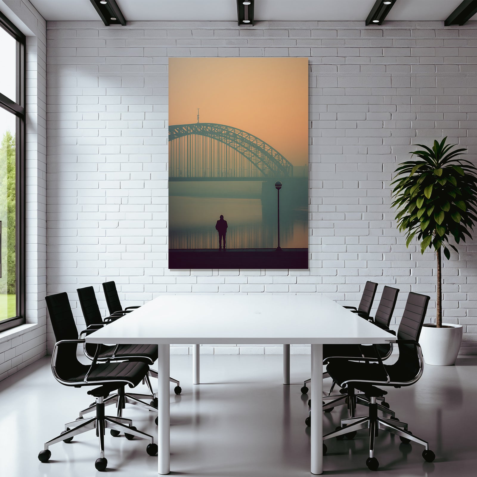 Bruecke Person Am Wasser Neblige Atmosphaere