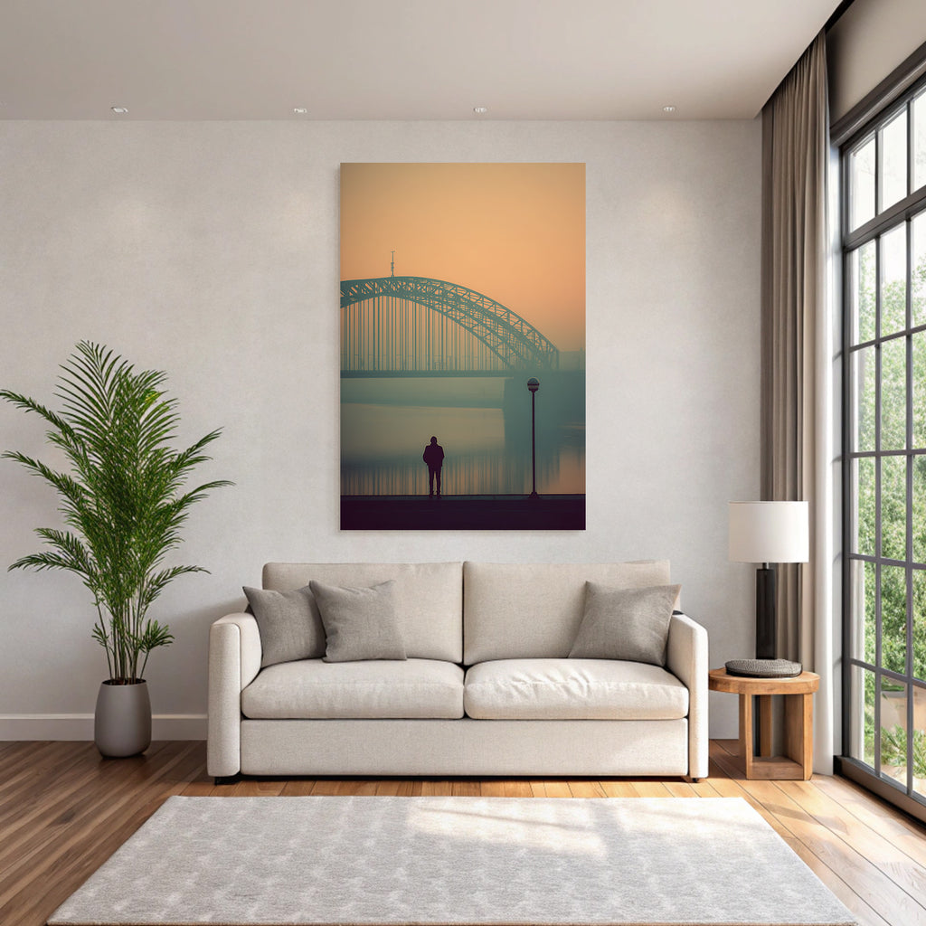 Bruecke Person Am Wasser Neblige Atmosphaere