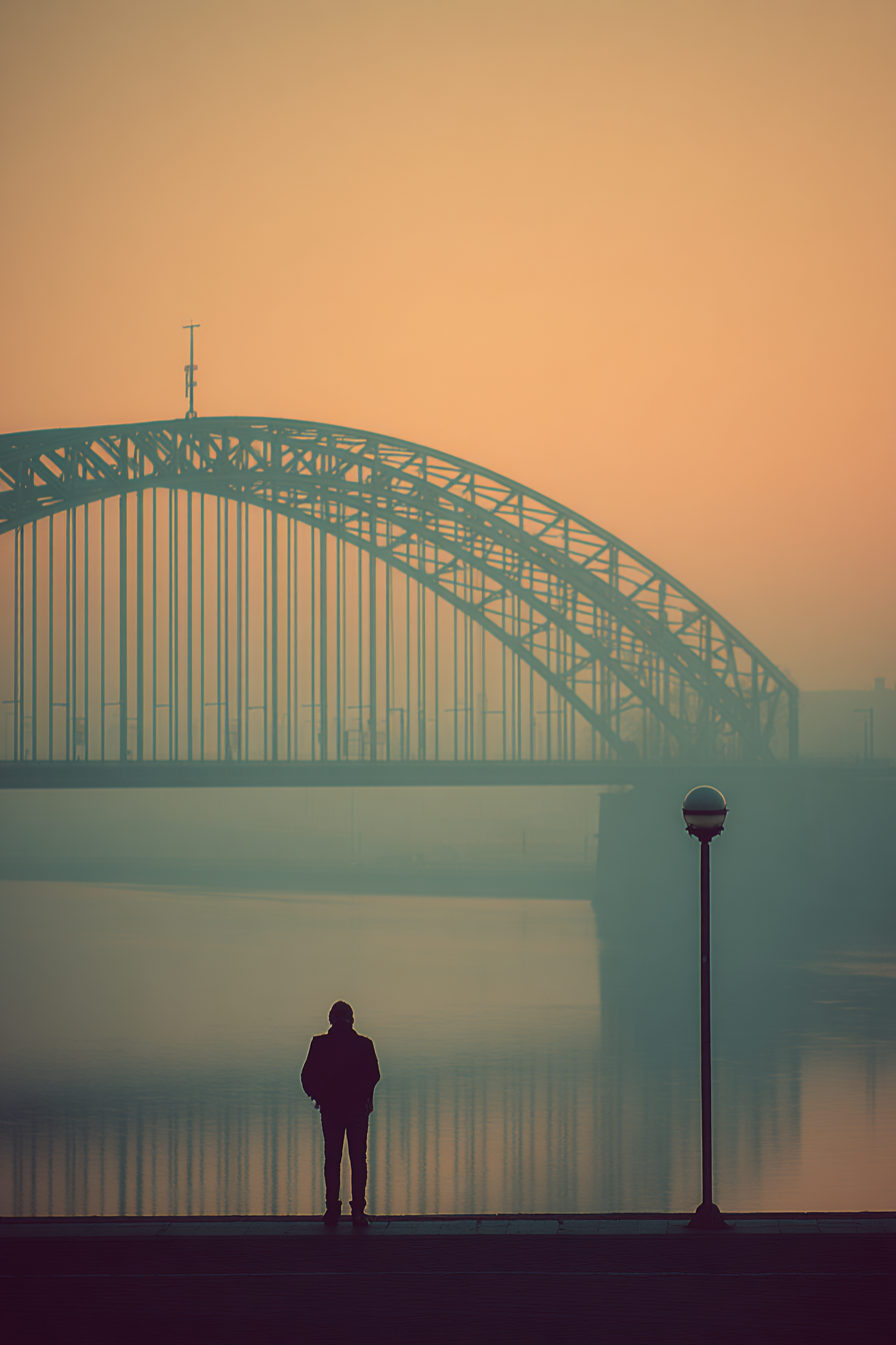 Bruecke Person Am Wasser Neblige Atmosphaere | Fotografie | Kunstgattungen