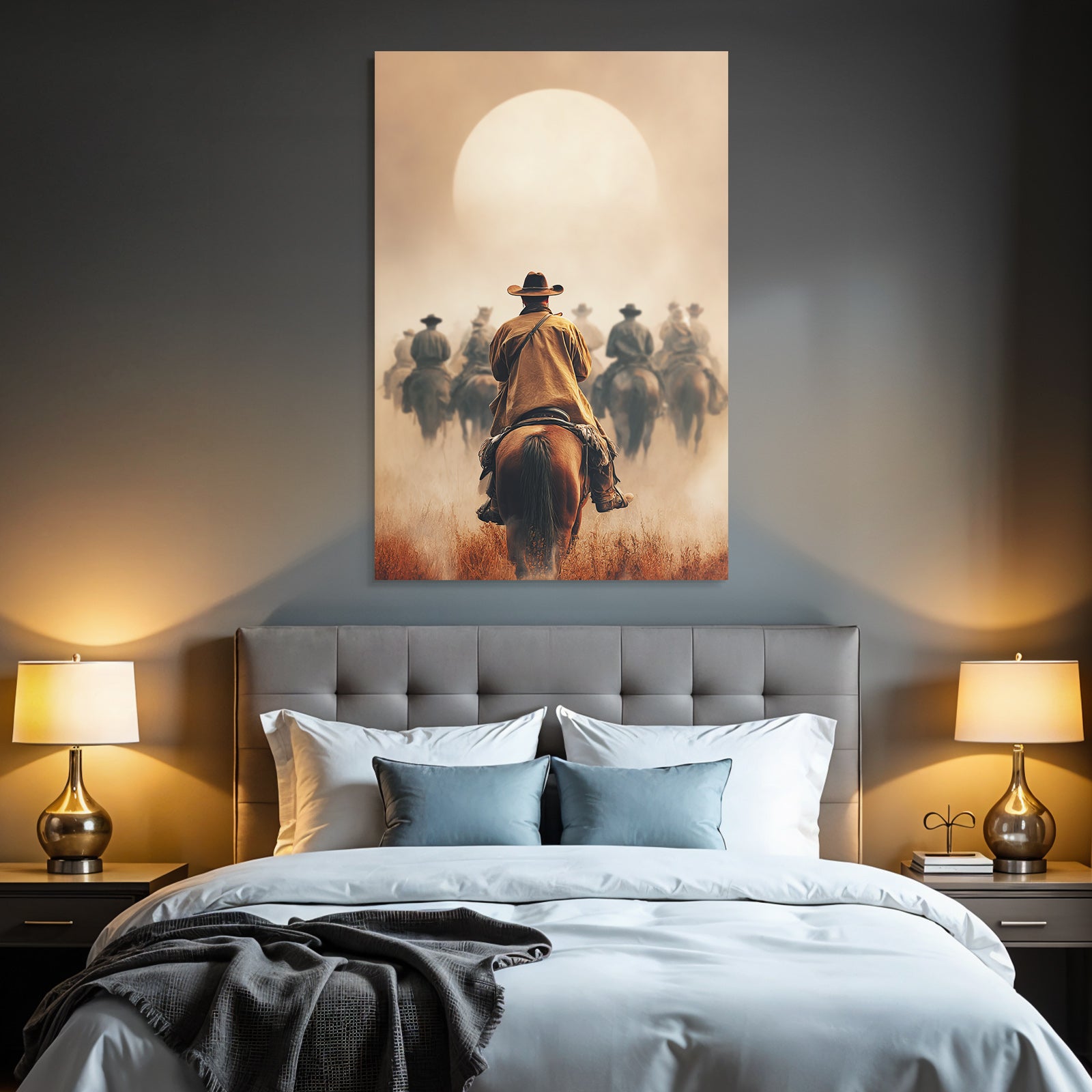 Cowboy Auf Pferd Im Sonnenuntergang Mit Anderen Cowboys