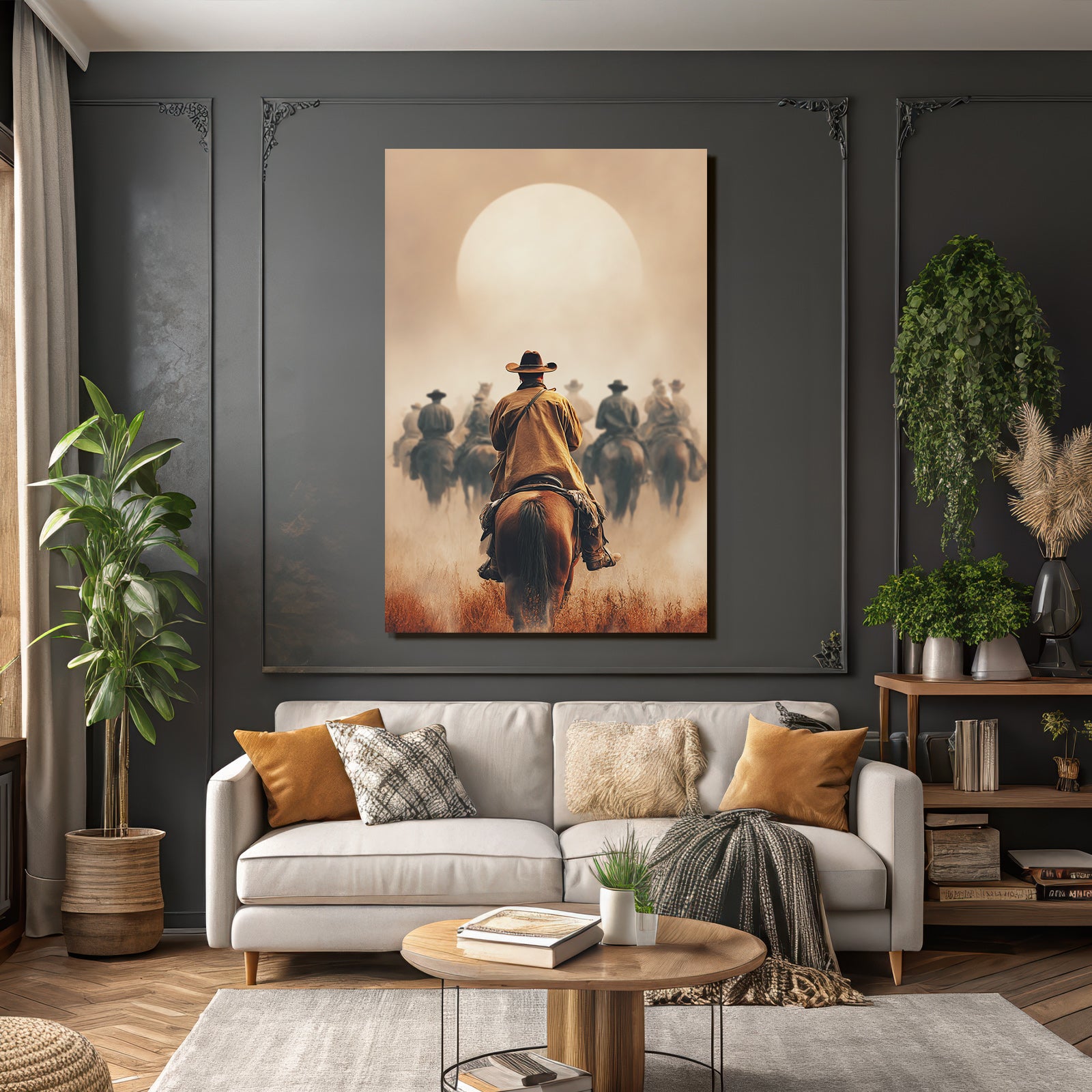 Cowboy Auf Pferd Im Sonnenuntergang Mit Anderen Cowboys