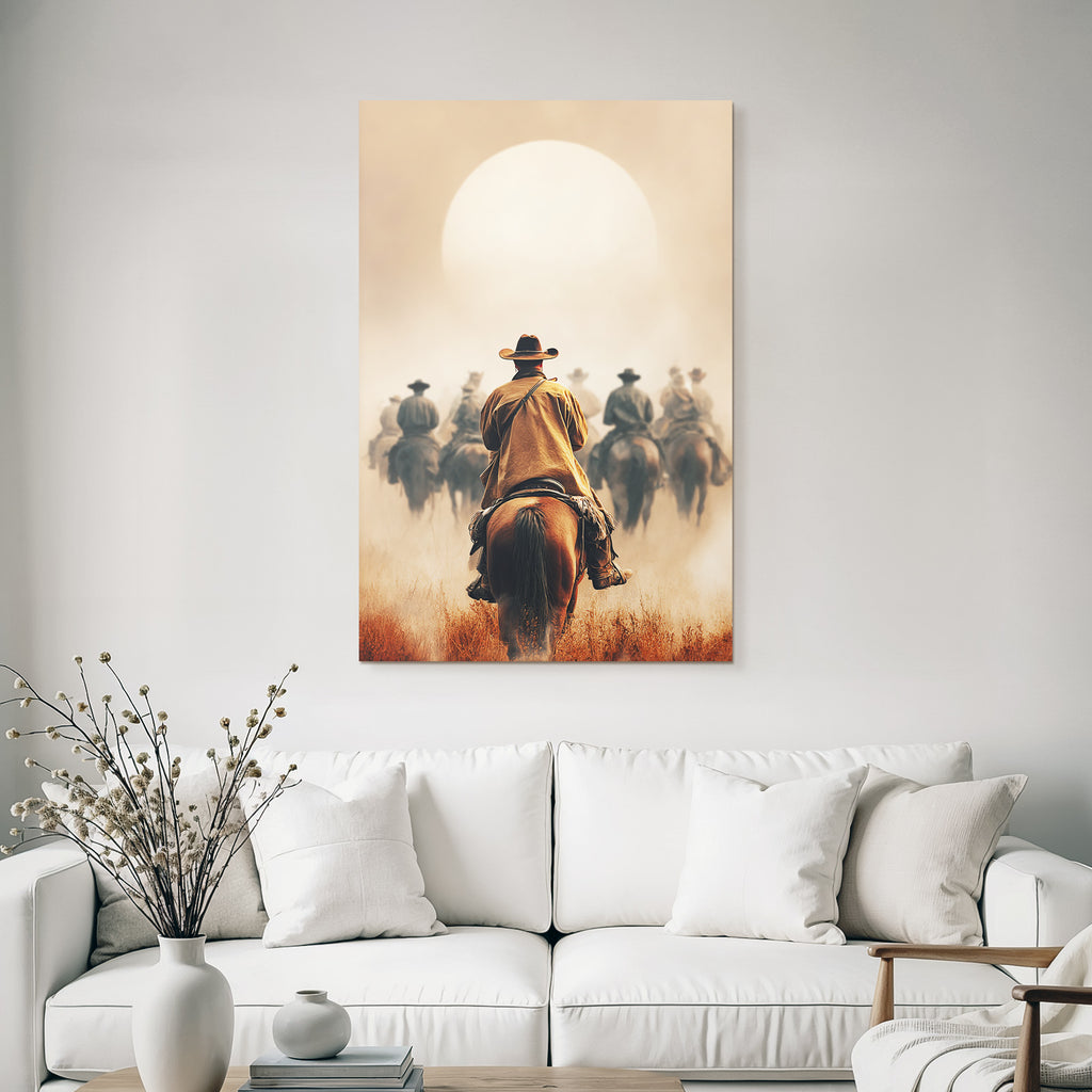 Cowboy Auf Pferd Im Sonnenuntergang Mit Anderen Cowboys