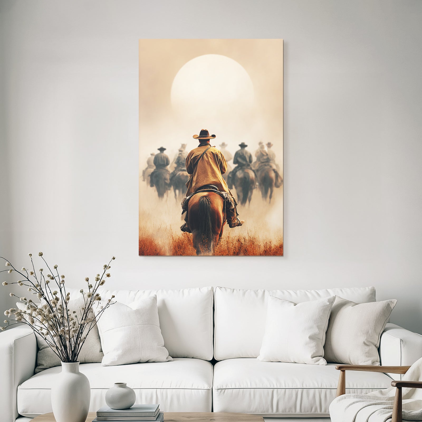 Cowboy Auf Pferd Im Sonnenuntergang Mit Anderen Cowboys