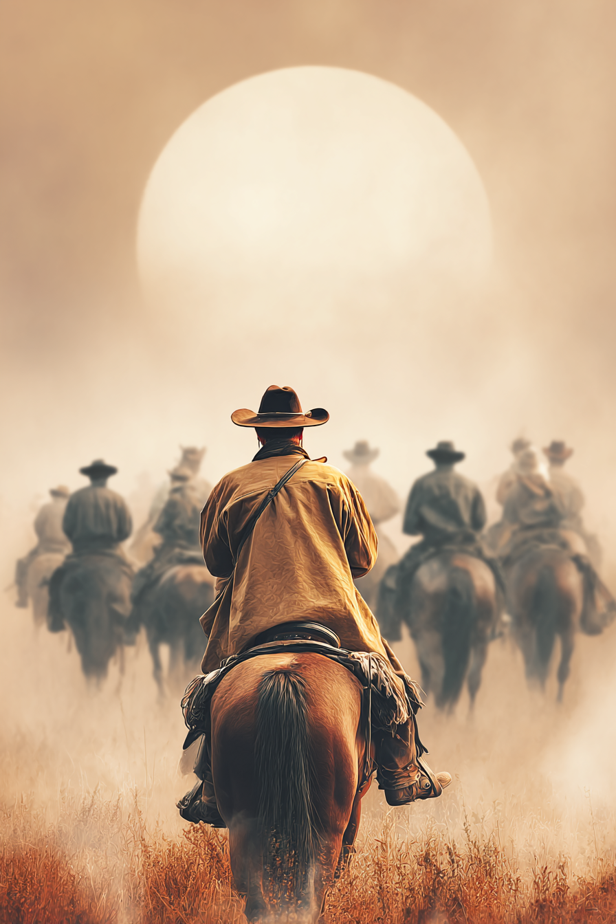 Cowboy Auf Pferd Im Sonnenuntergang Mit Anderen Cowboys | Fotografie | Kunstgattungen