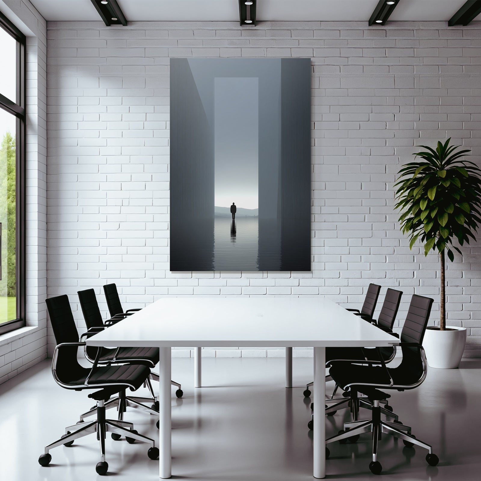 Einsame Figur In Wasser Zwischen Strukturen Im Nebel Minimalistisch