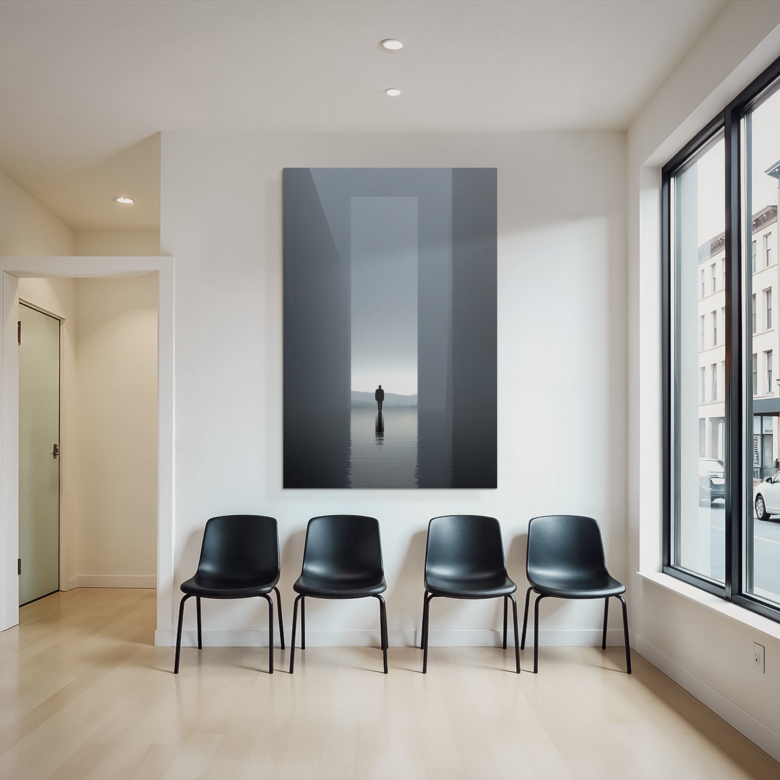 Einsame Figur In Wasser Zwischen Strukturen Im Nebel Minimalistisch