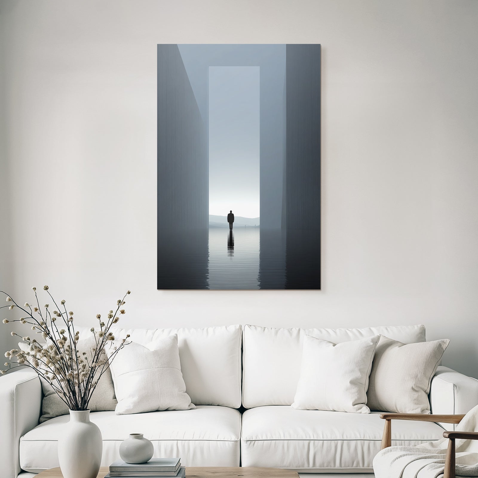 Einsame Figur In Wasser Zwischen Strukturen Im Nebel Minimalistisch