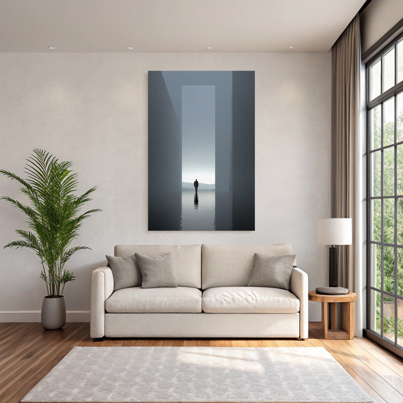 Einsame Figur In Wasser Zwischen Strukturen Im Nebel Minimalistisch