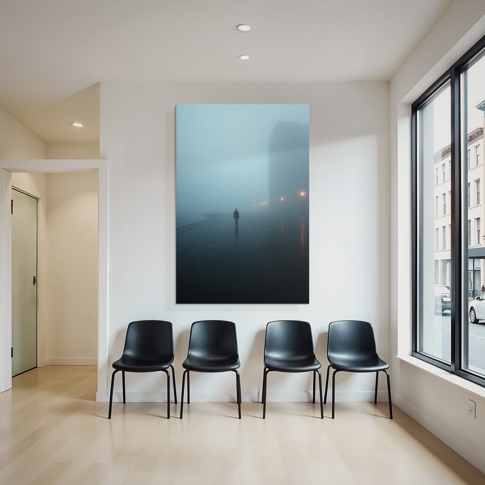 Einsame Figur Weg Nebel Stadt