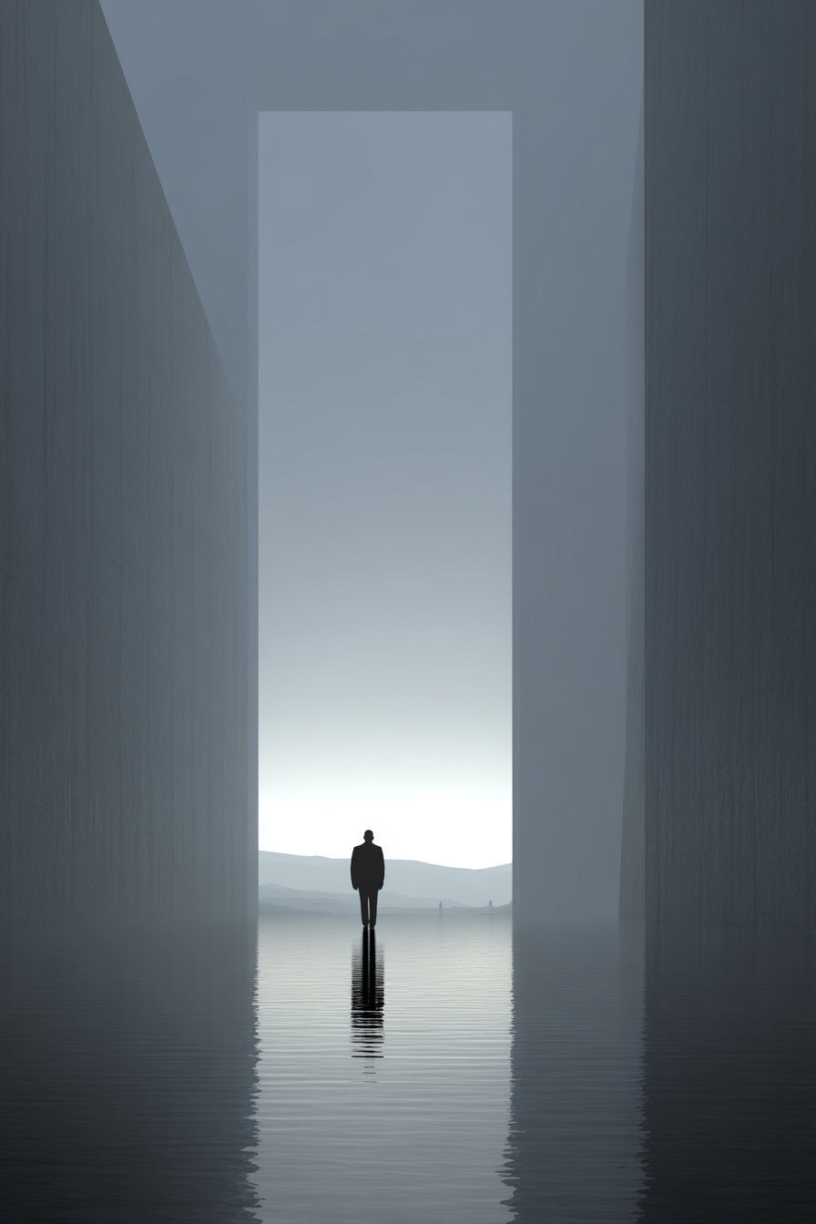 Einsame Figur In Wasser Zwischen Strukturen Im Nebel Minimalistisch | Fotografie | Kunstgattungen
