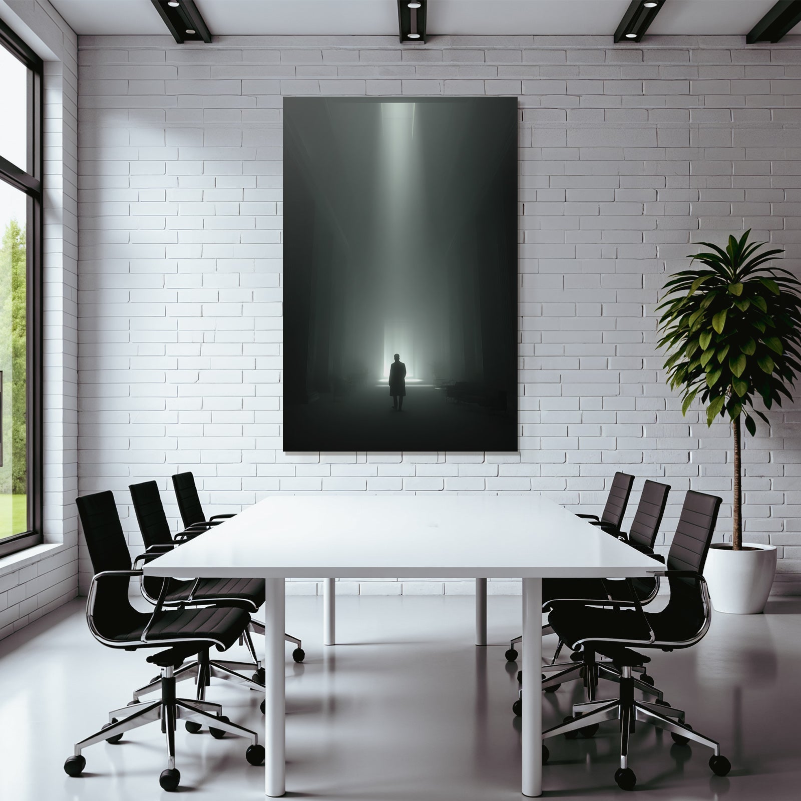 Figure Im Lichtschein In Einer Grossen Dimmigen Architekturhalle