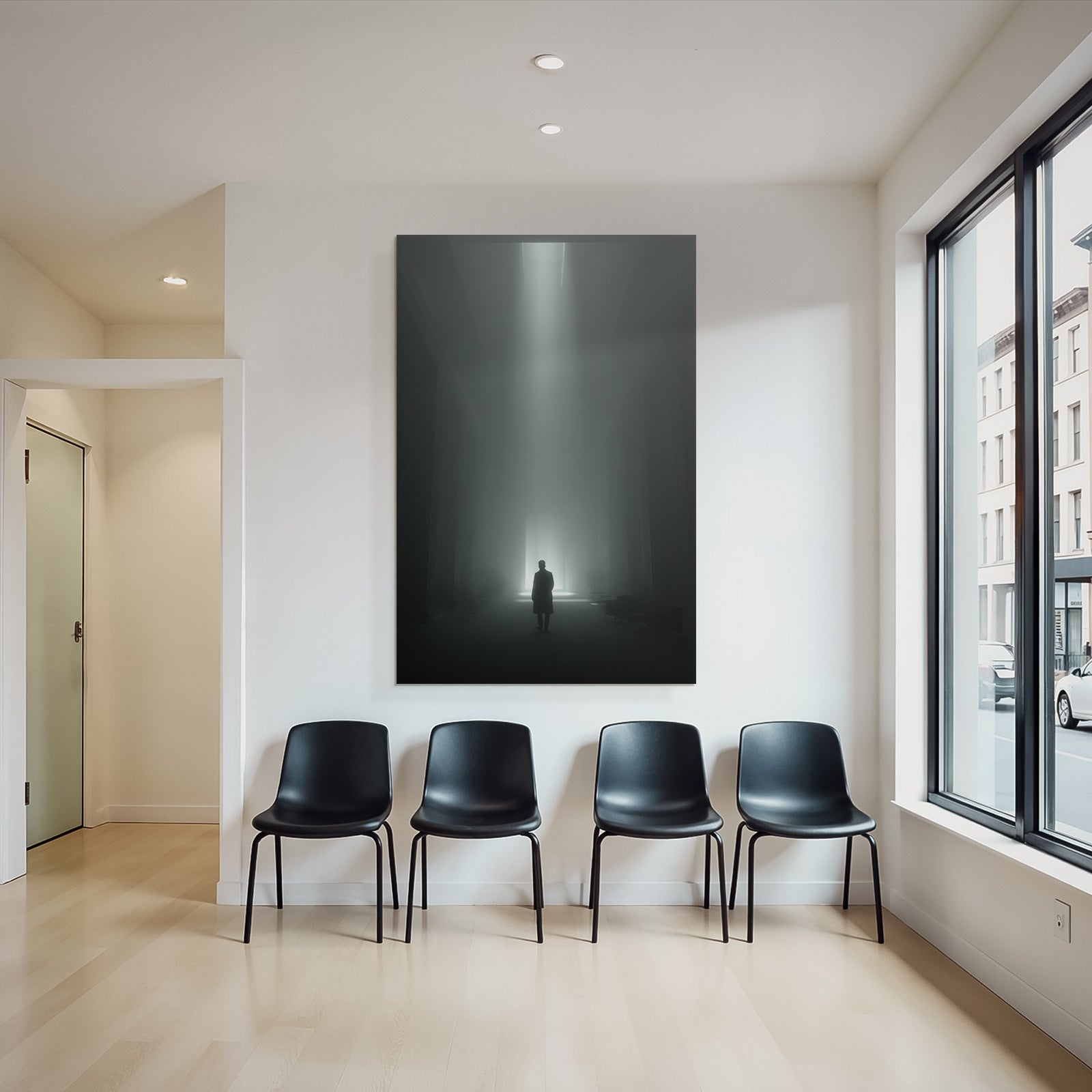 Figure Im Lichtschein In Einer Grossen Dimmigen Architekturhalle