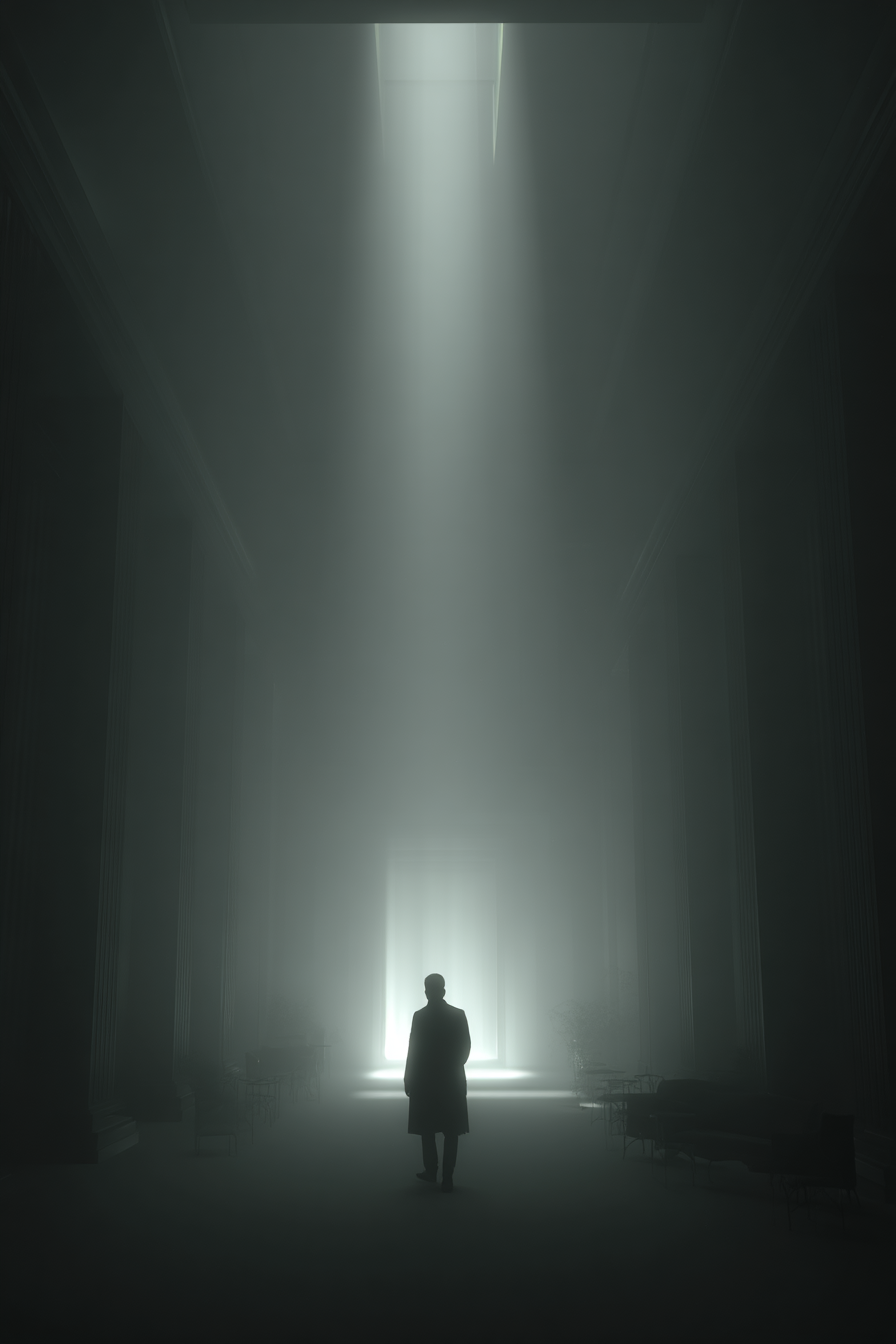 Figure Im Lichtschein In Einer Grossen Dimmigen Architekturhalle | Fotografie | Kunstgattungen