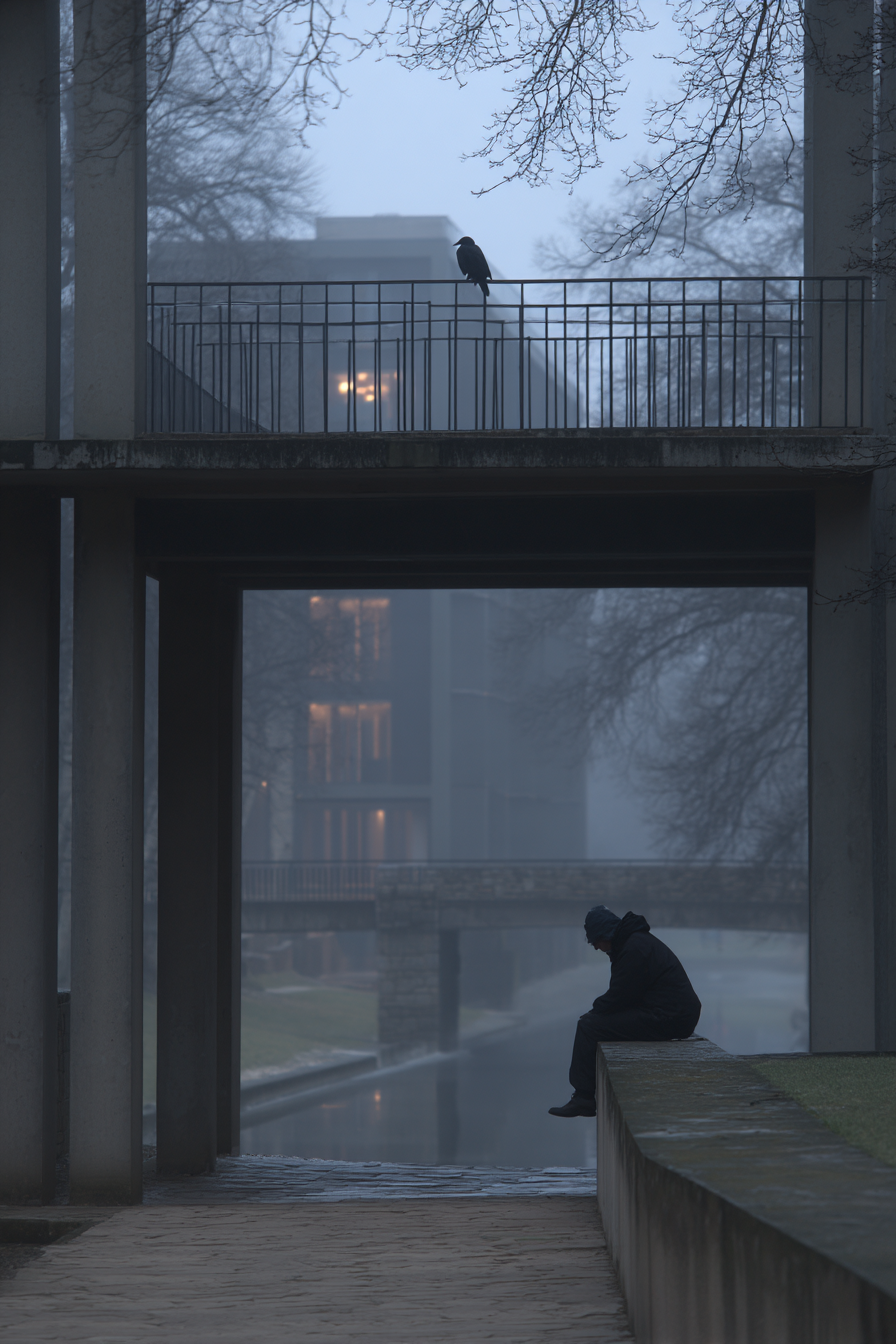Foggy Urban Scene Solitary Person Introspection | Fotografie | Kunstgattungen