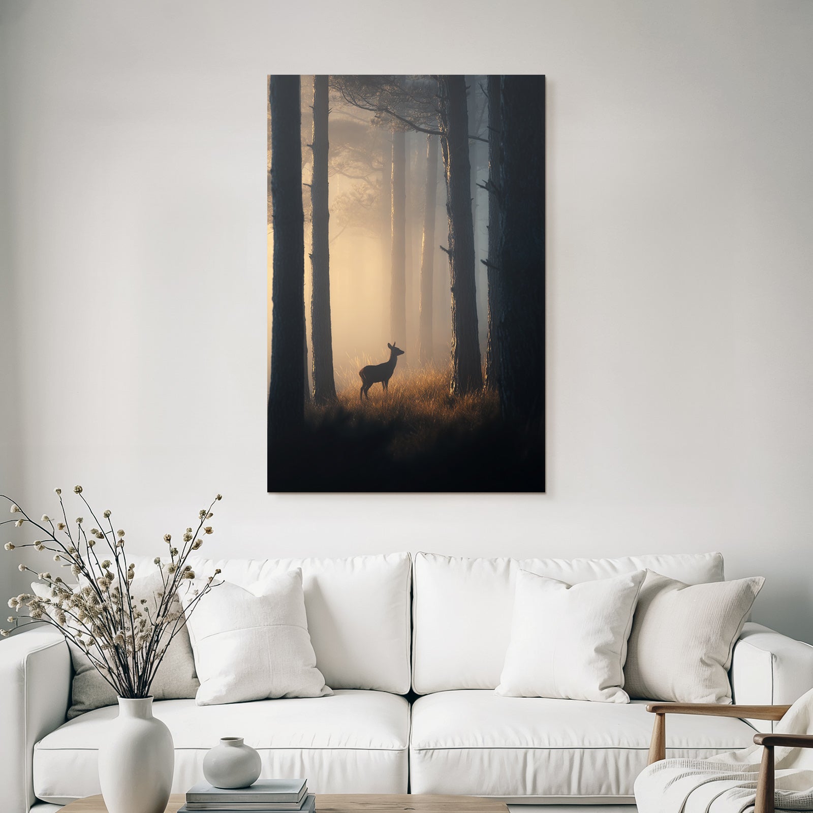 Friedlicher Wald Mit Hirsch Im Nebel