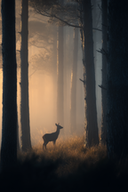 Friedlicher Wald Mit Hirsch Im Nebel | Fotografie | Kunstgattungen