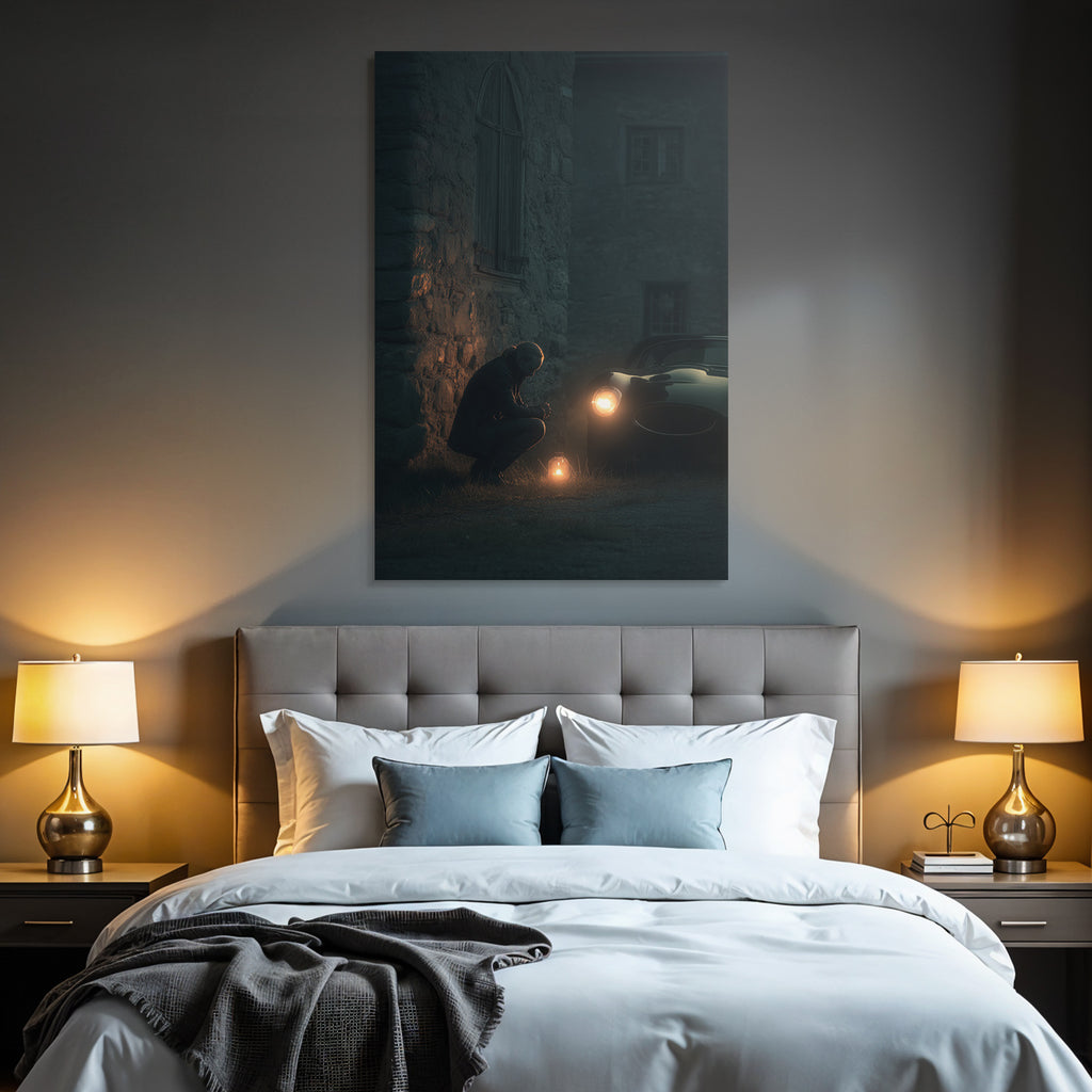 Kneeling Person Near Lantern Vintage Car Stone Building Reflection Moment