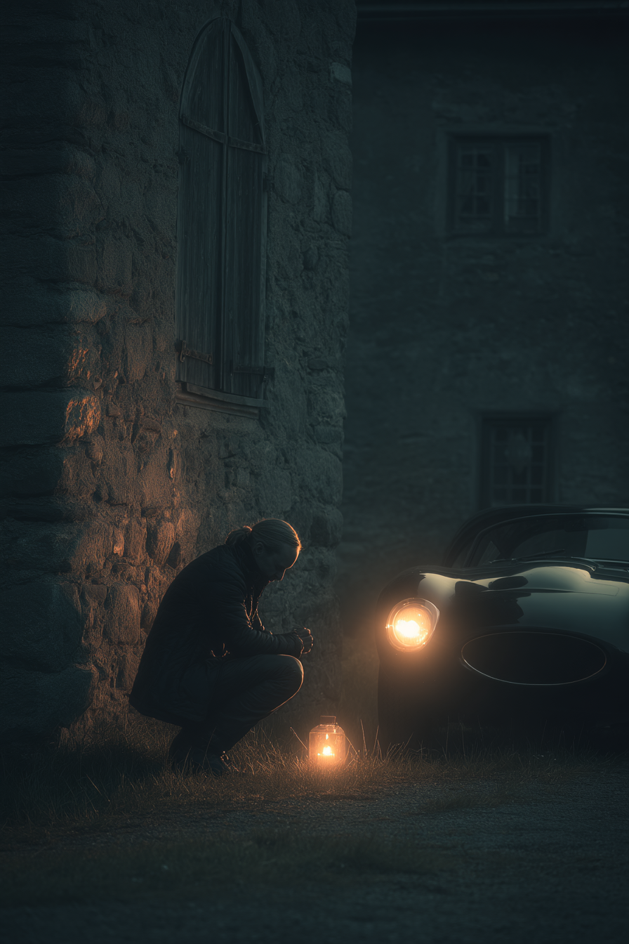 Kneeling Person Near Lantern Vintage Car Stone Building Reflection Moment | Fotografie | Kunstgattungen