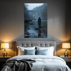 Landscape Figur Im Fluss Vor Einer Bruecke Im Nebel
