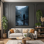 Landscape Figur Im Fluss Vor Einer Bruecke Im Nebel