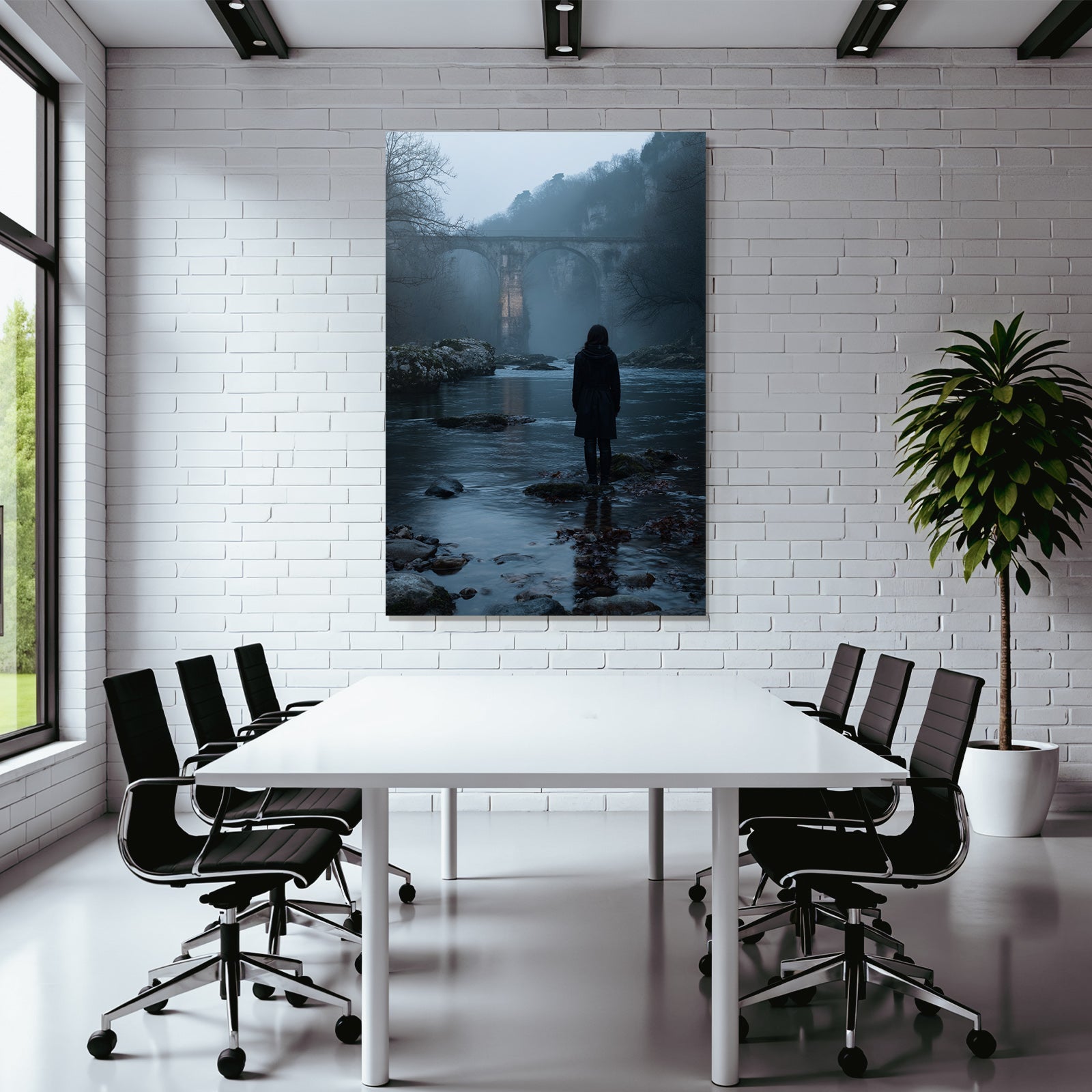 Landscape Figur Im Fluss Vor Einer Bruecke Im Nebel