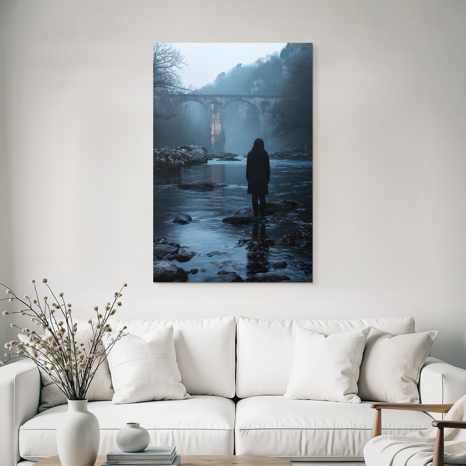 Landscape Figur Im Fluss Vor Einer Bruecke Im Nebel