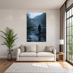 Landscape Figur Im Fluss Vor Einer Bruecke Im Nebel