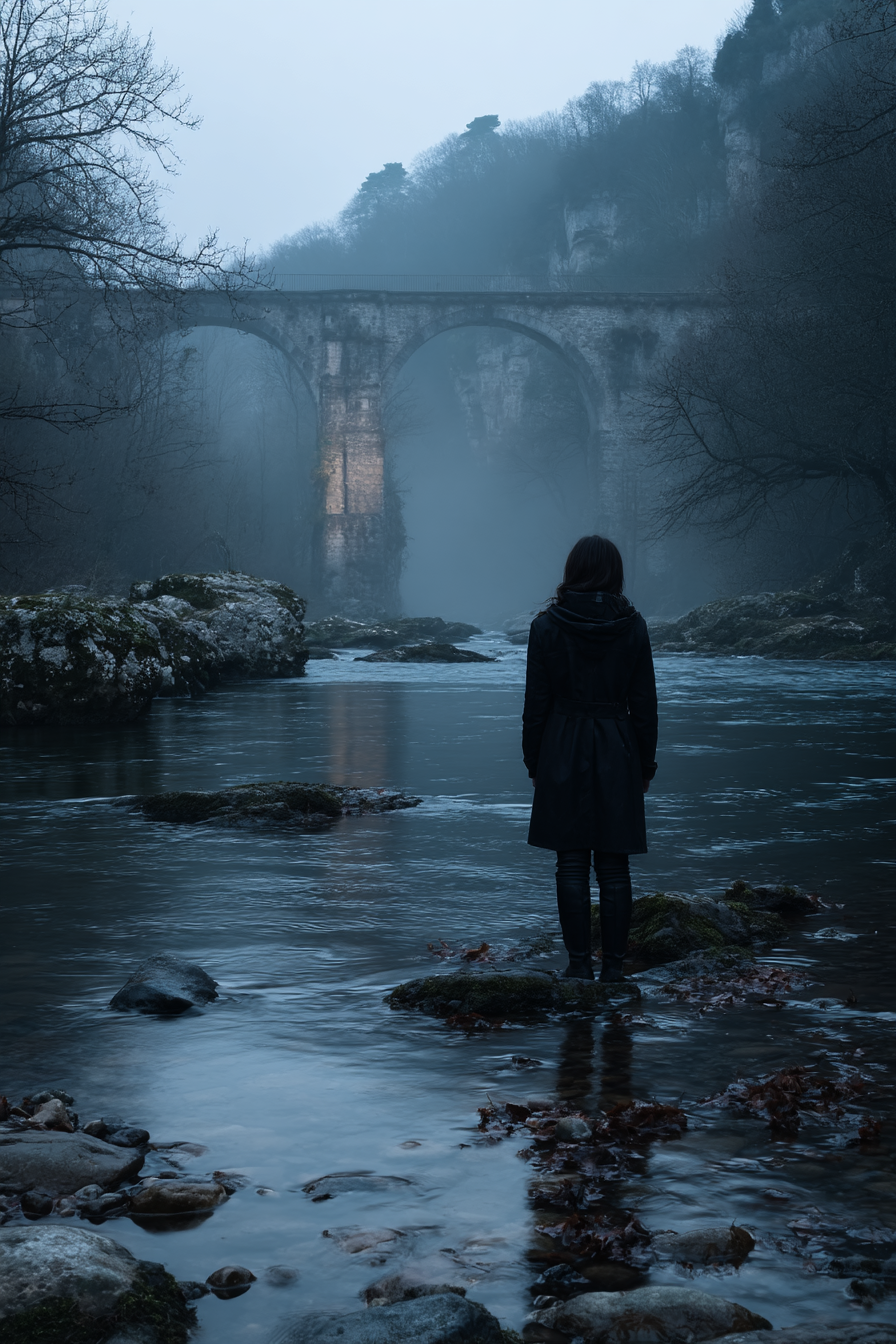 Landscape Figur Im Fluss Vor Einer Bruecke Im Nebel | Fotografie | Kunstgattungen