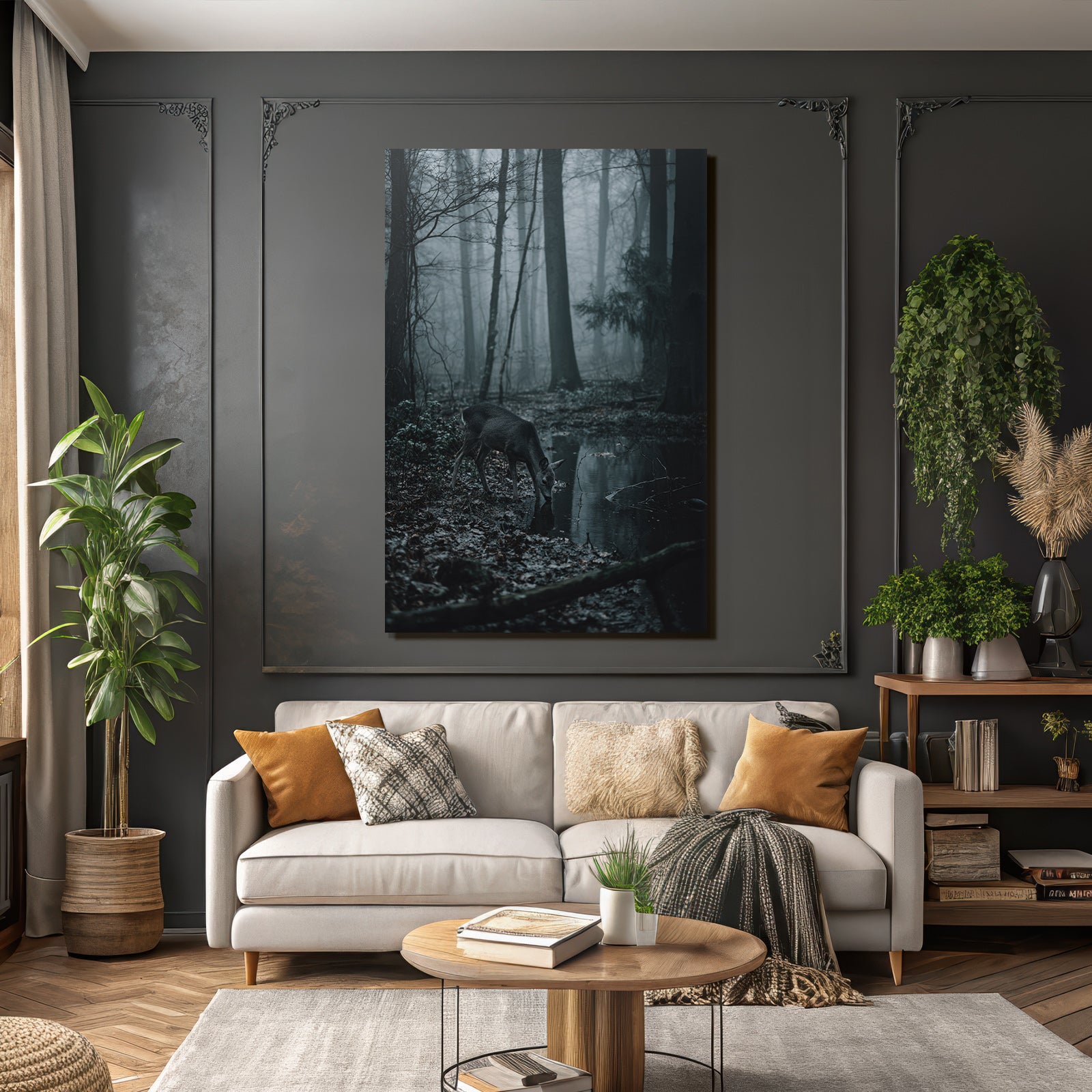 Landscape Reh Trinkt Wasser Im Nebel Haften Wald