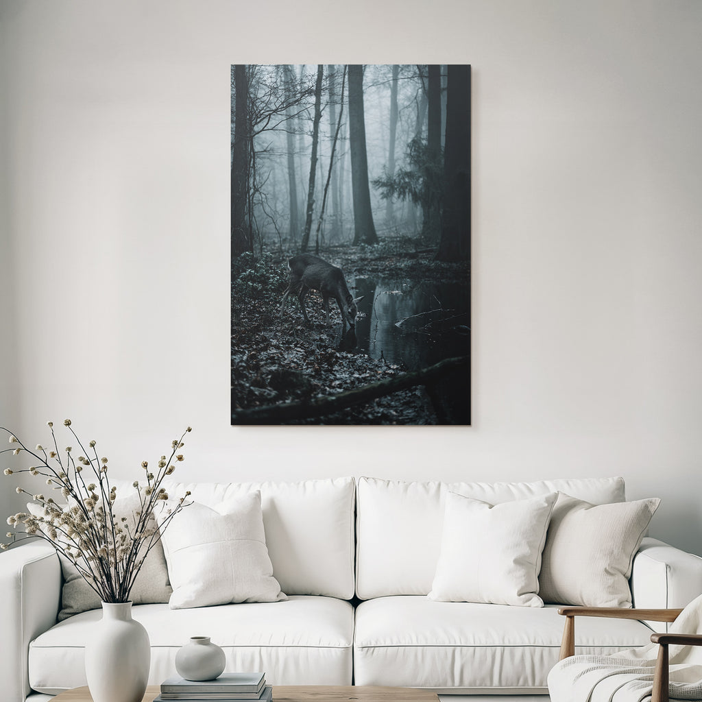 Landscape Reh Trinkt Wasser Im Nebel Haften Wald