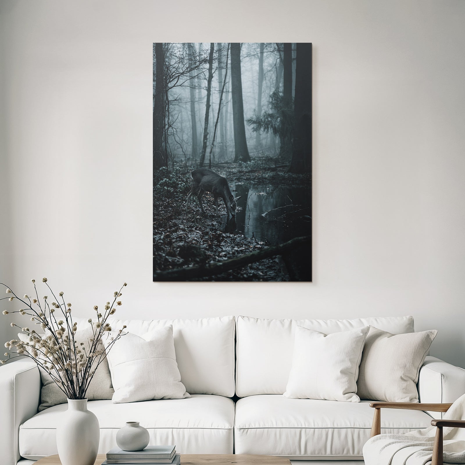 Landscape Reh Trinkt Wasser Im Nebel Haften Wald