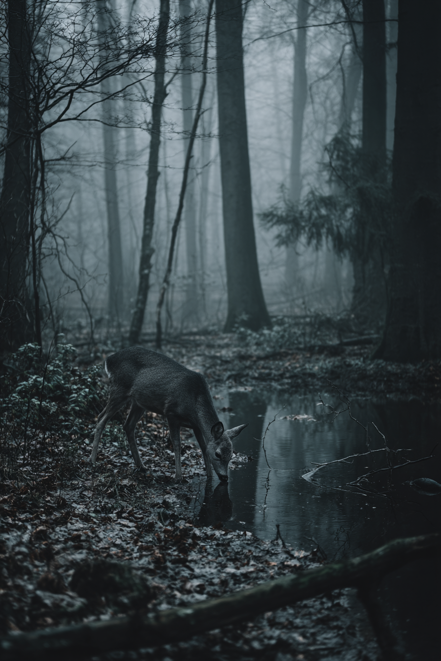 Landscape Reh Trinkt Wasser Im Nebel Haften Wald | Fotografie | Kunstgattungen