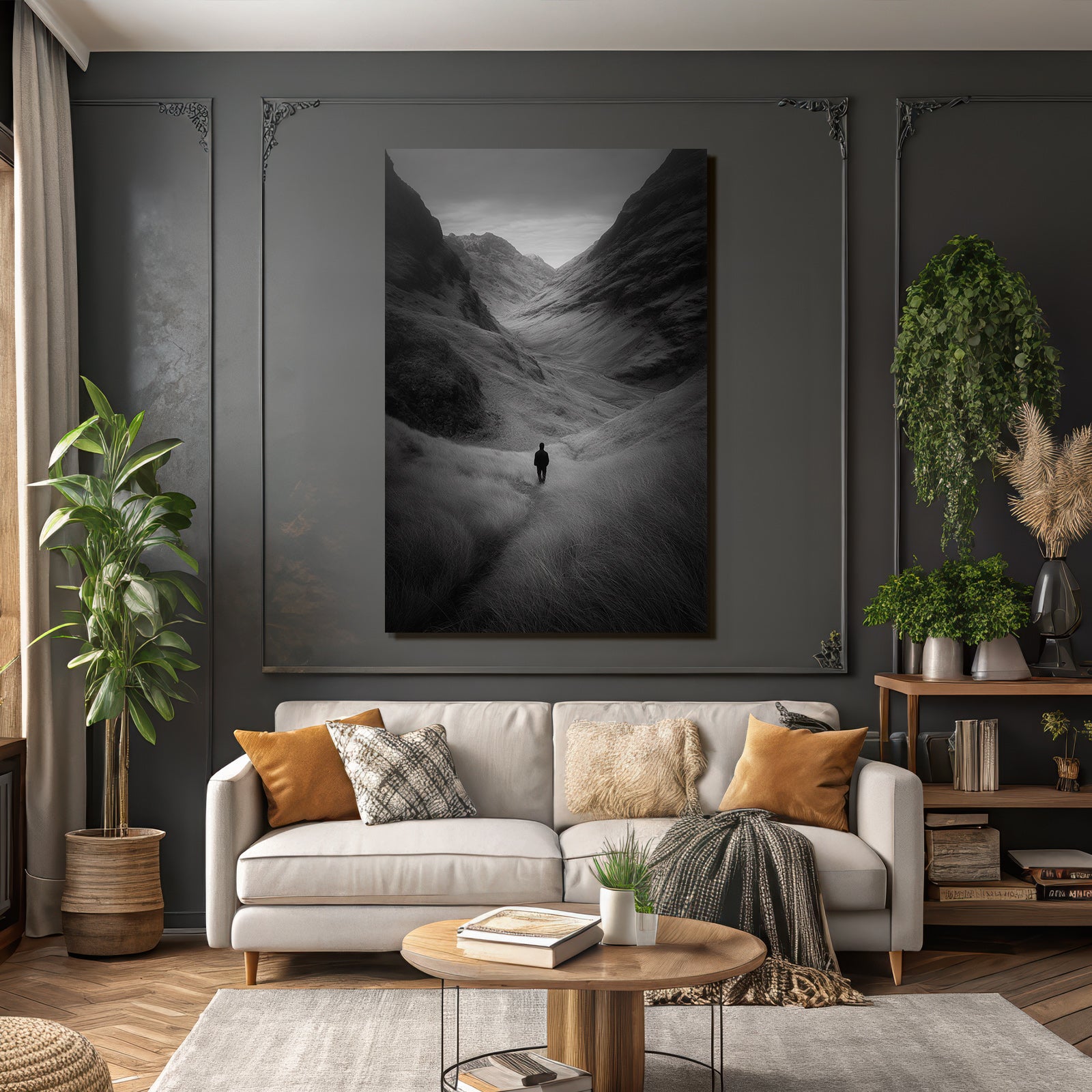 Landschaft Einzelne Figur Im Tal Zwischen Bergen Monochromatisch