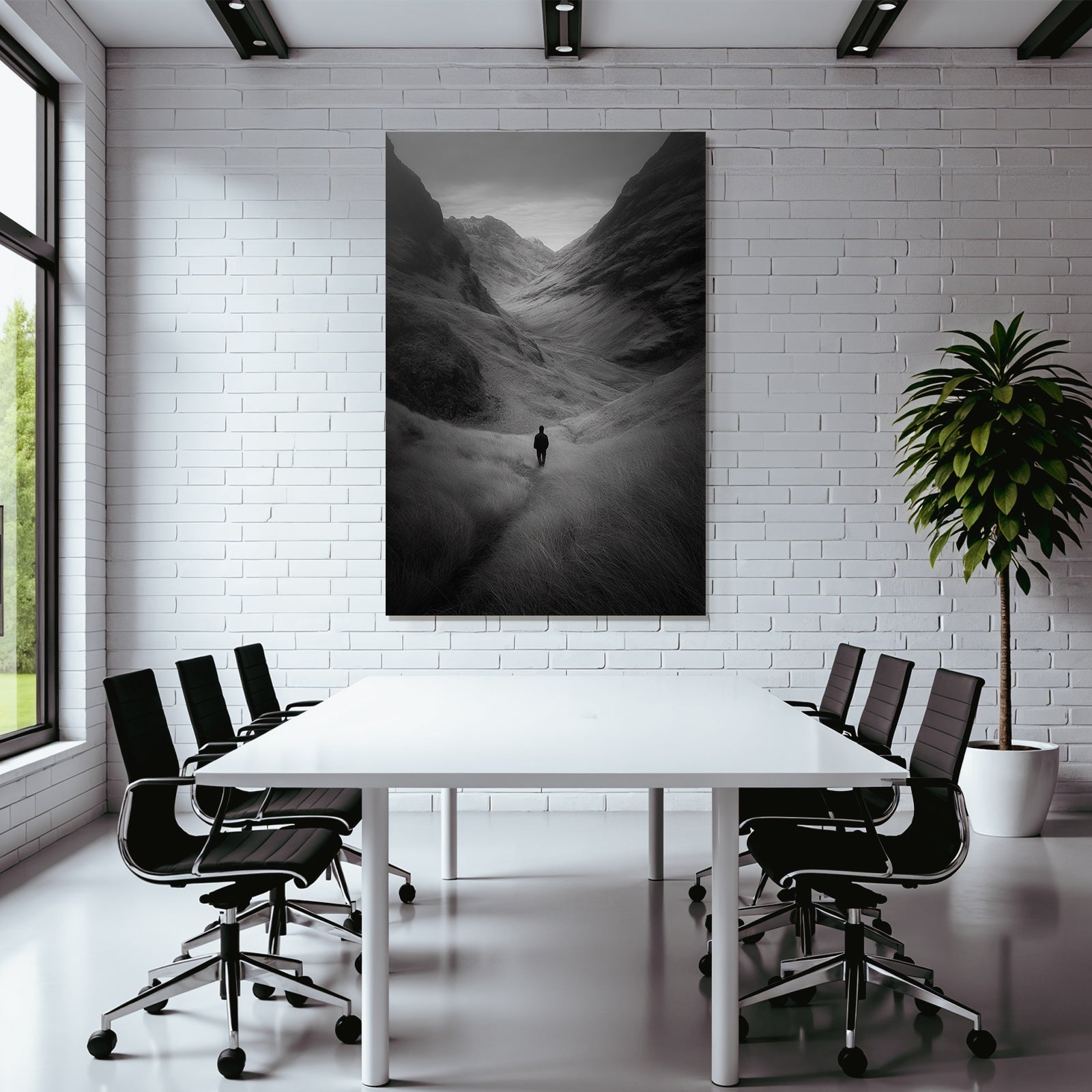Landschaft Einzelne Figur Im Tal Zwischen Bergen Monochromatisch