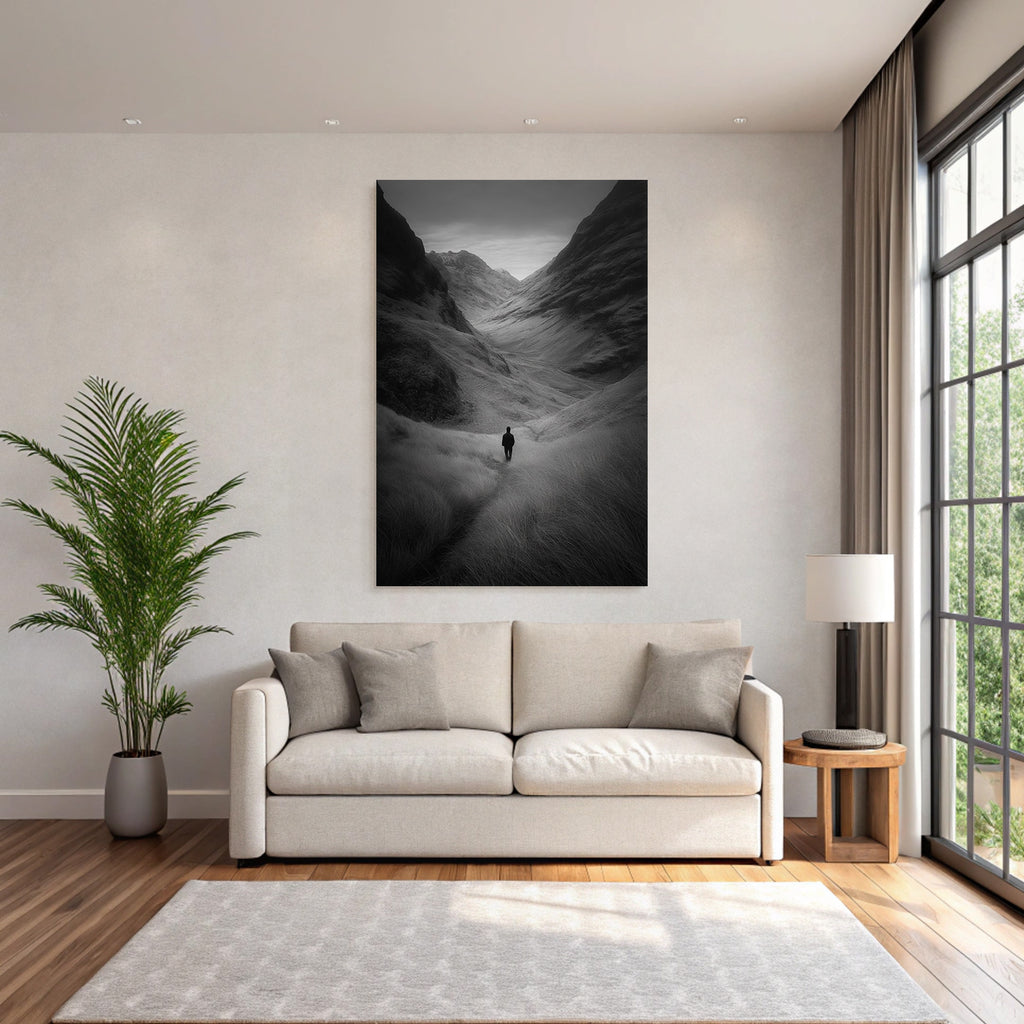 Landschaft Einzelne Figur Im Tal Zwischen Bergen Monochromatisch
