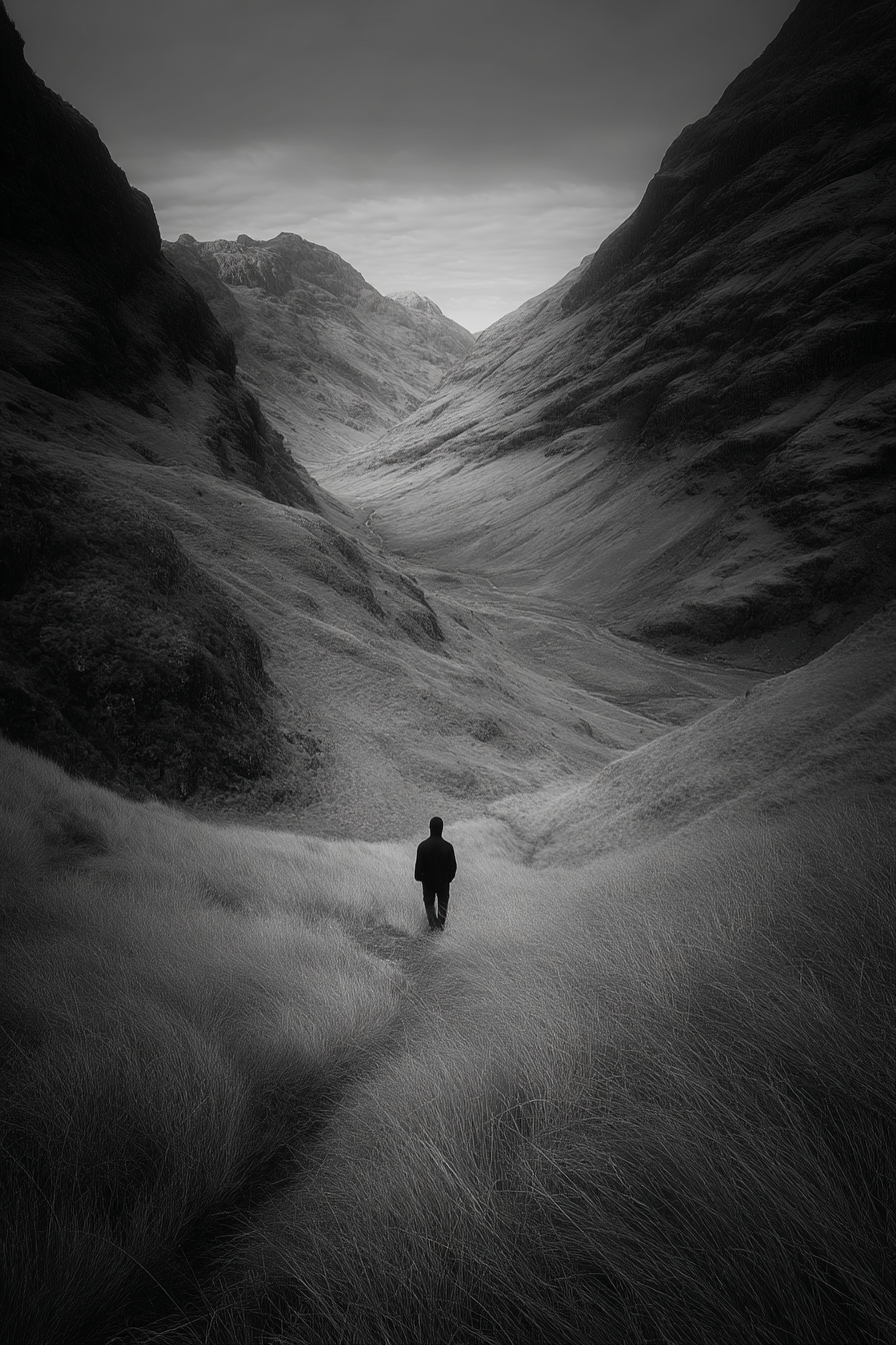 Landschaft Einzelne Figur Im Tal Zwischen Bergen Monochromatisch | Fotografie | Kunstgattungen
