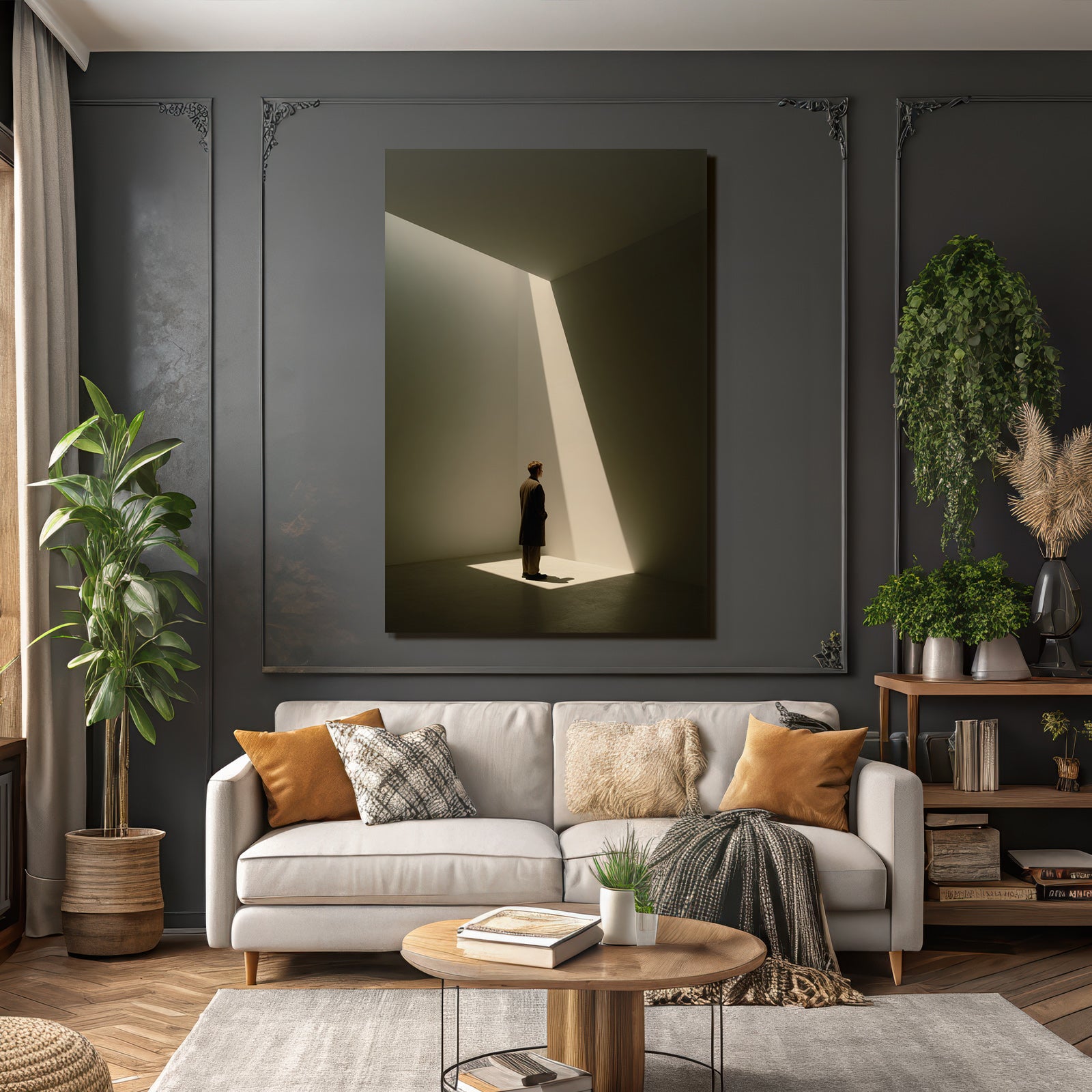 Mann Steht Im Licht Kubus Innenraum Fotografie Hochformat