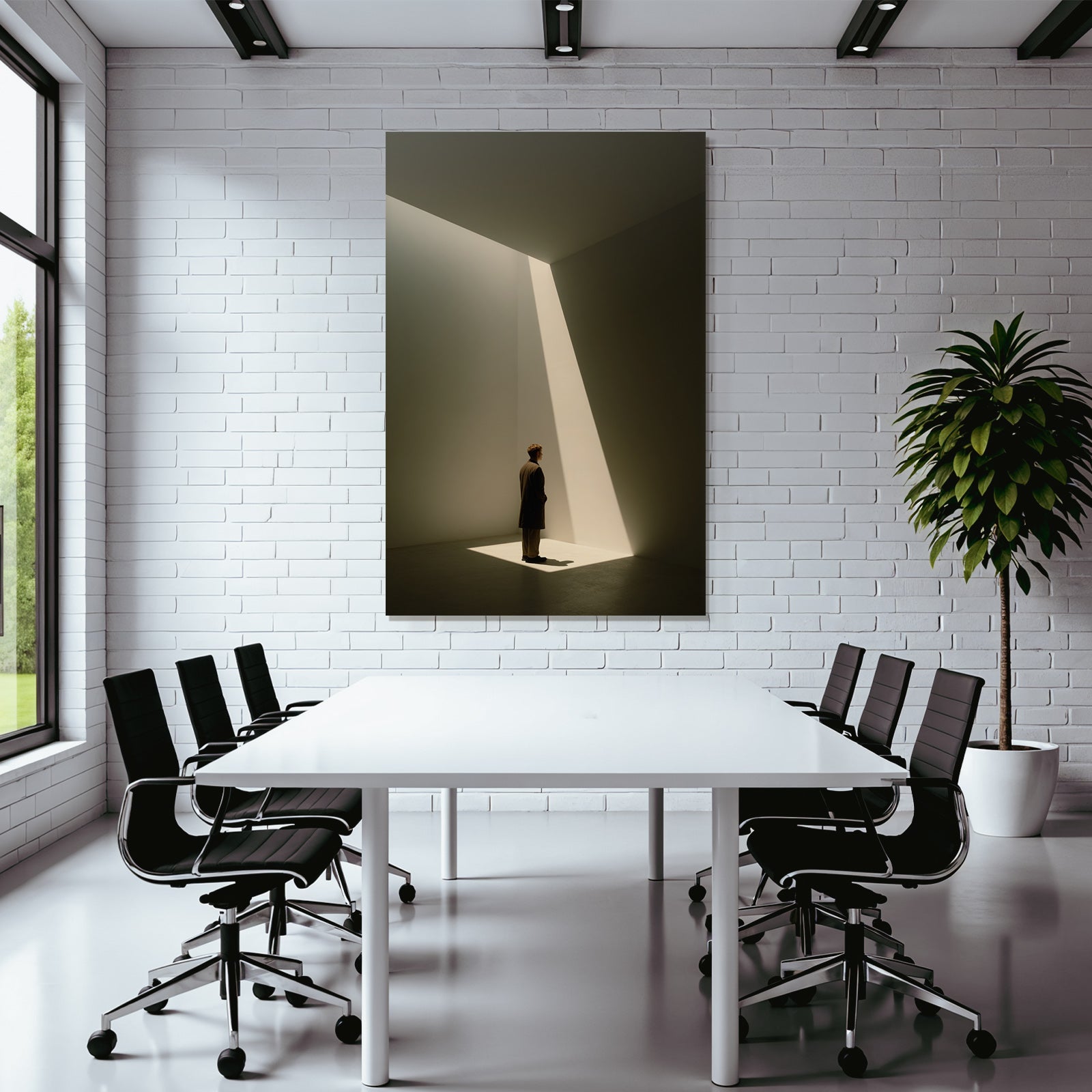 Mann Steht Im Licht Kubus Innenraum Fotografie Hochformat