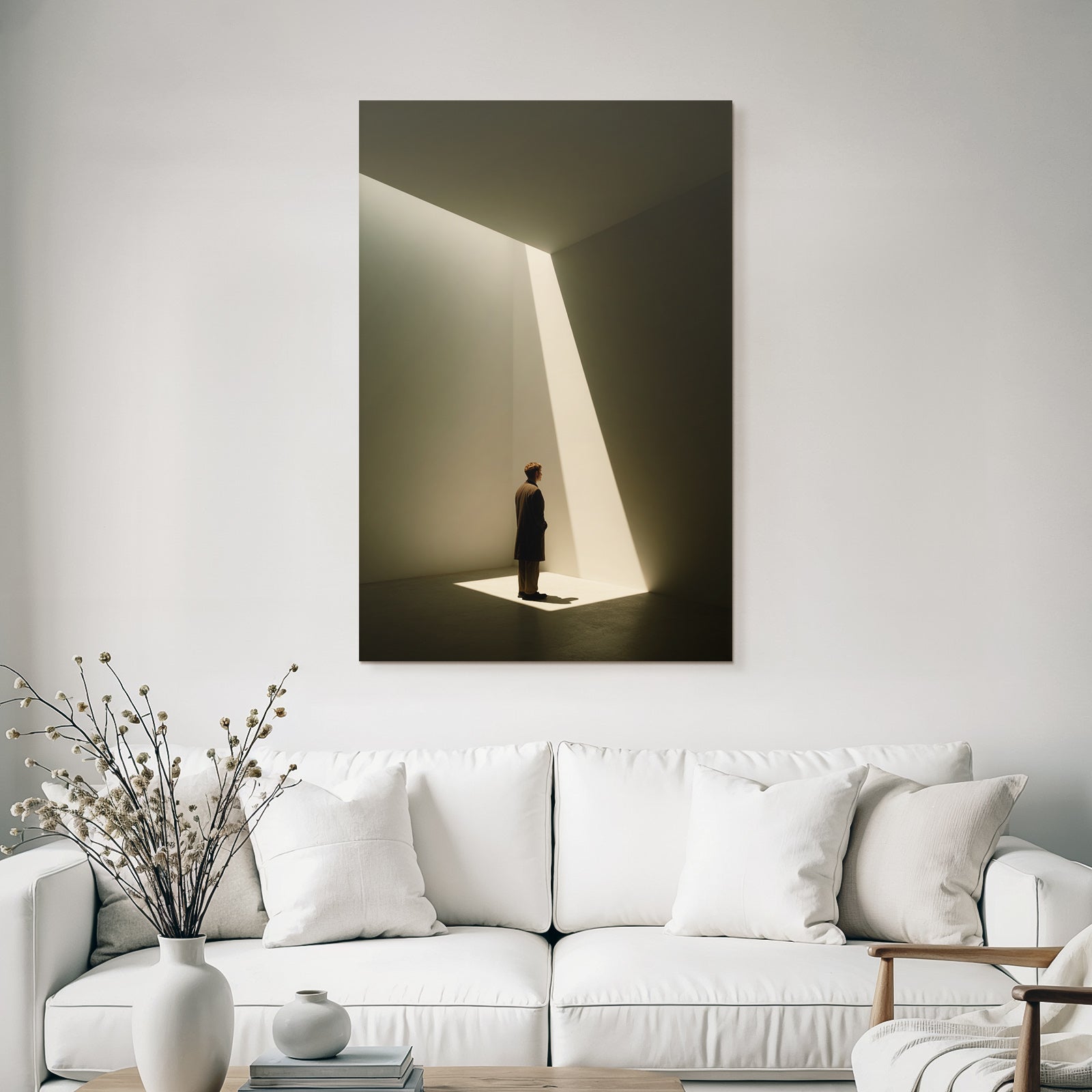 Mann Steht Im Licht Kubus Innenraum Fotografie Hochformat