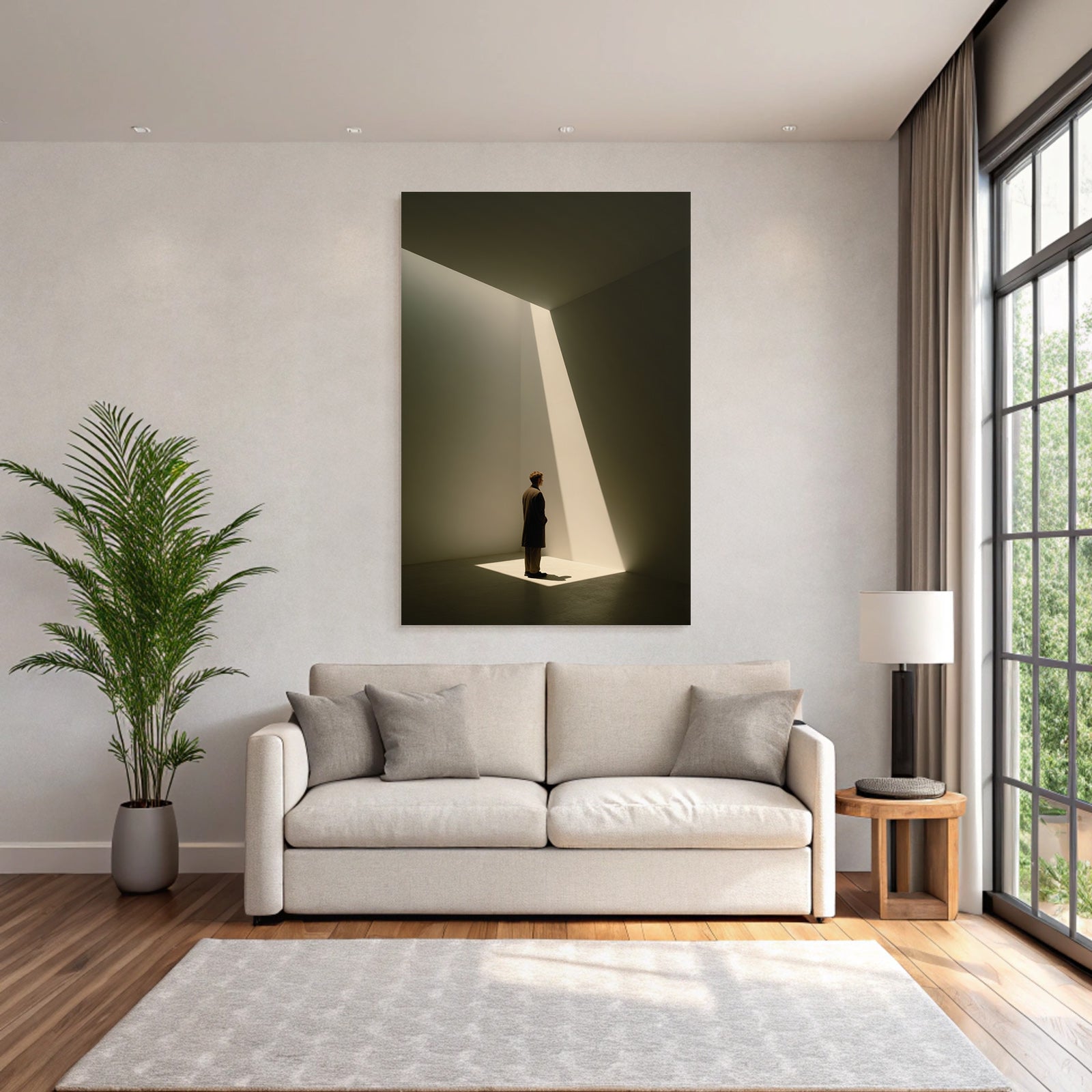 Mann Steht Im Licht Kubus Innenraum Fotografie Hochformat