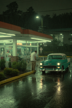 Mann Im Regen Neben Klassischem Tuerkis Auto Beim Tankstellenladen | Fotografie | Kunstgattungen