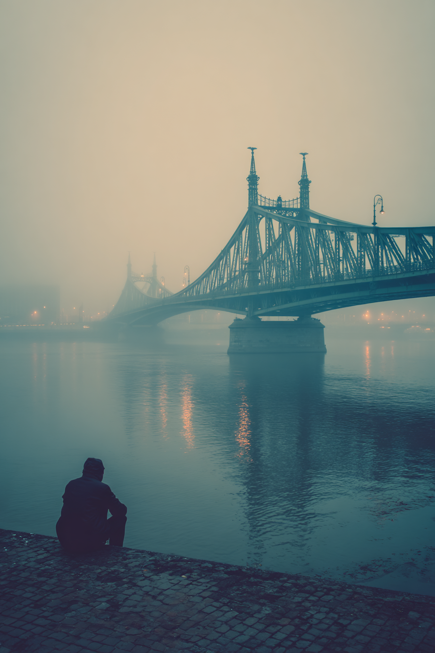 Nachdenkliche Silhouette An Flussufer Bei Nebliger Bruecke | Fotografie | Kunstgattungen