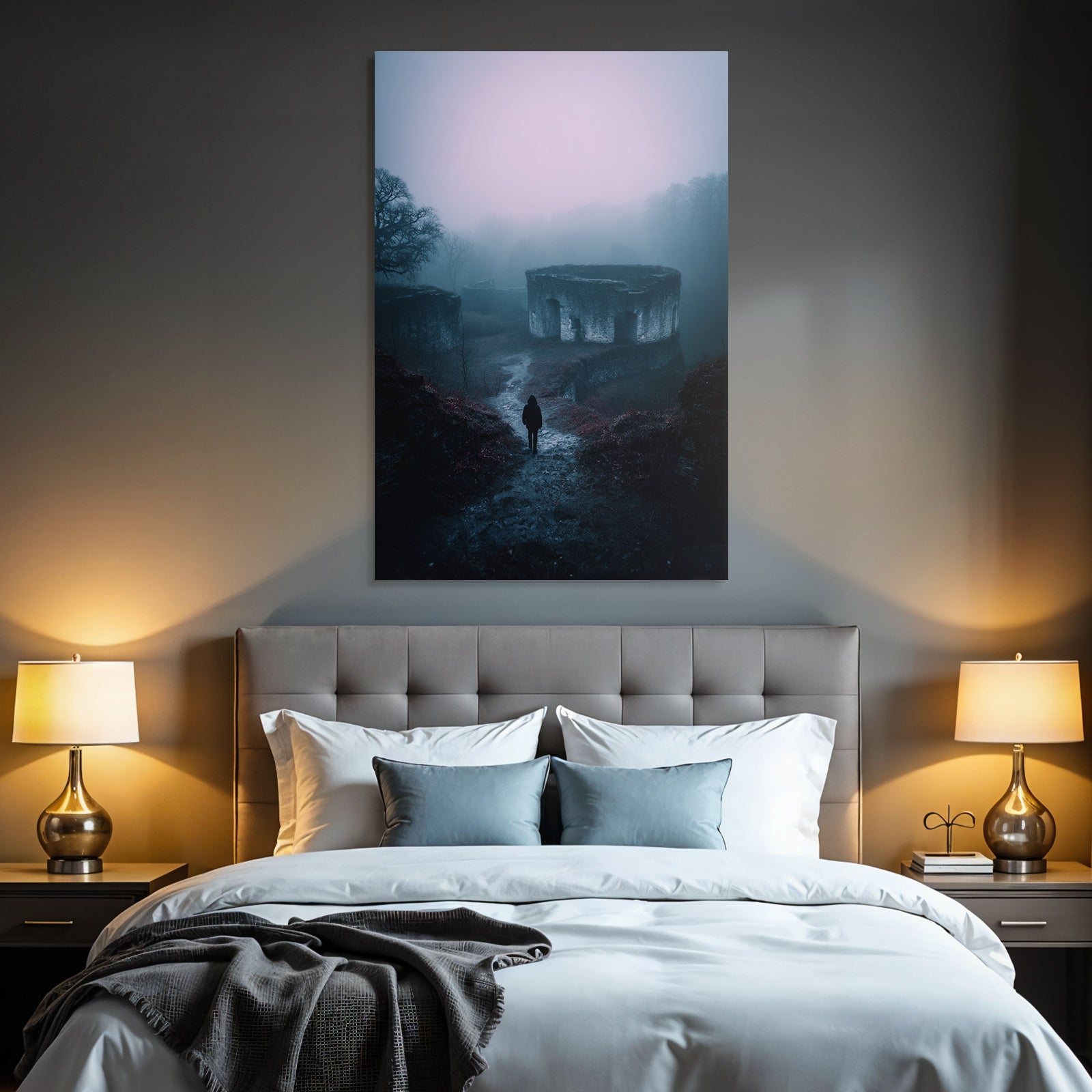 Nebelhafte Landschaft Mit Alten Ruinen Und Einsamer Figur