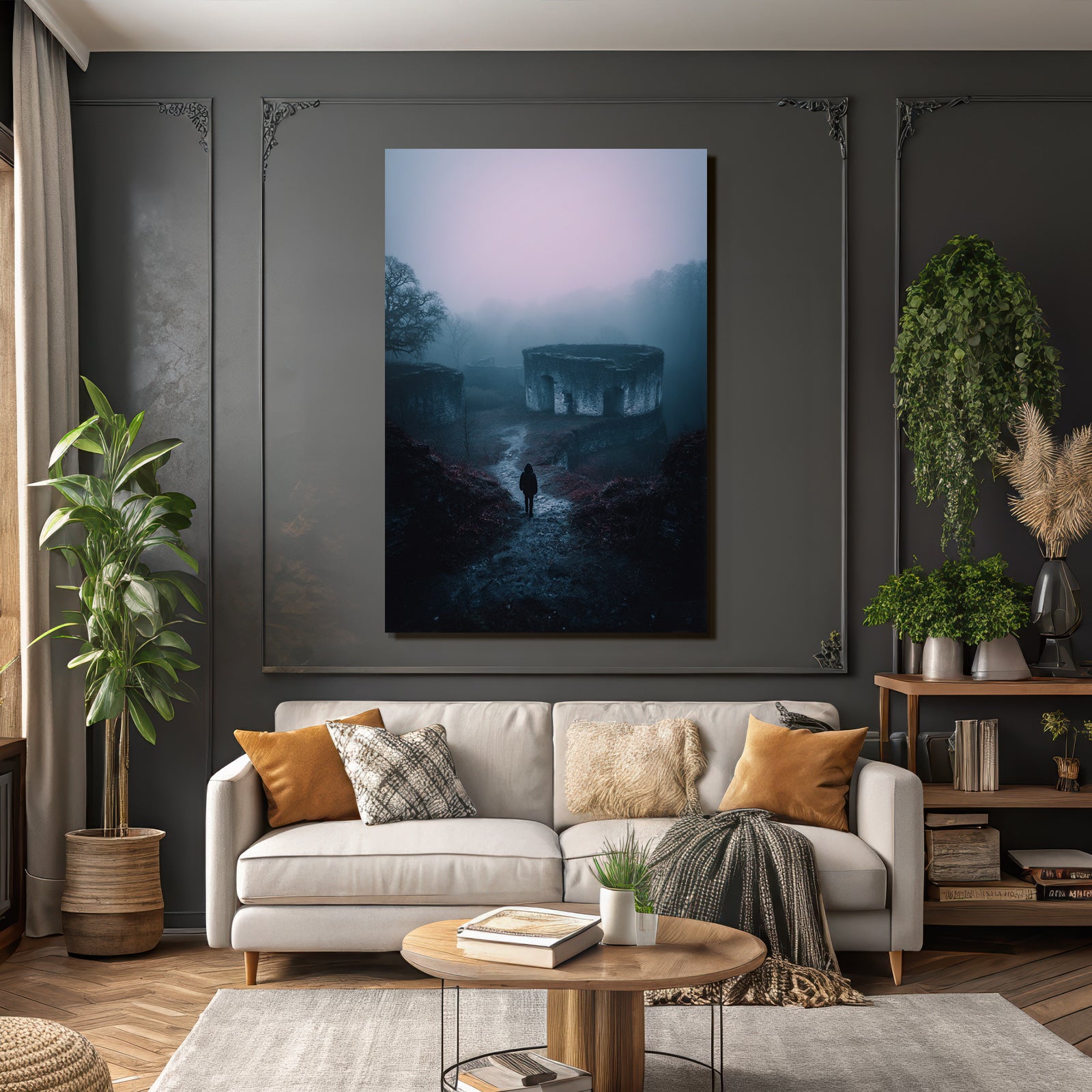 Nebelhafte Landschaft Mit Alten Ruinen Und Einsamer Figur